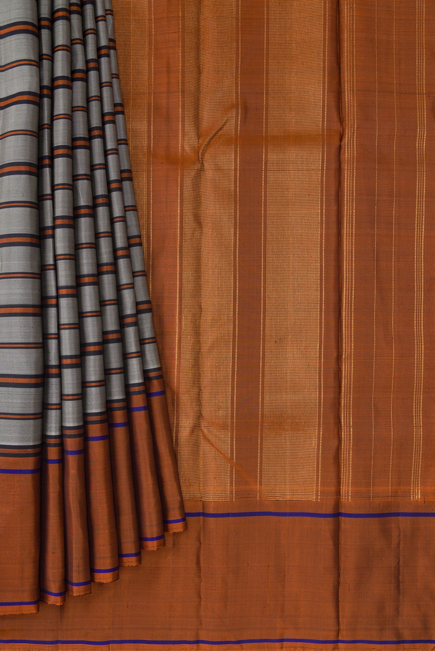 Pleats and pallu of Grey Dual Tone Kanjivaram Silk Saree with Stripes on the body and Plain Border. 