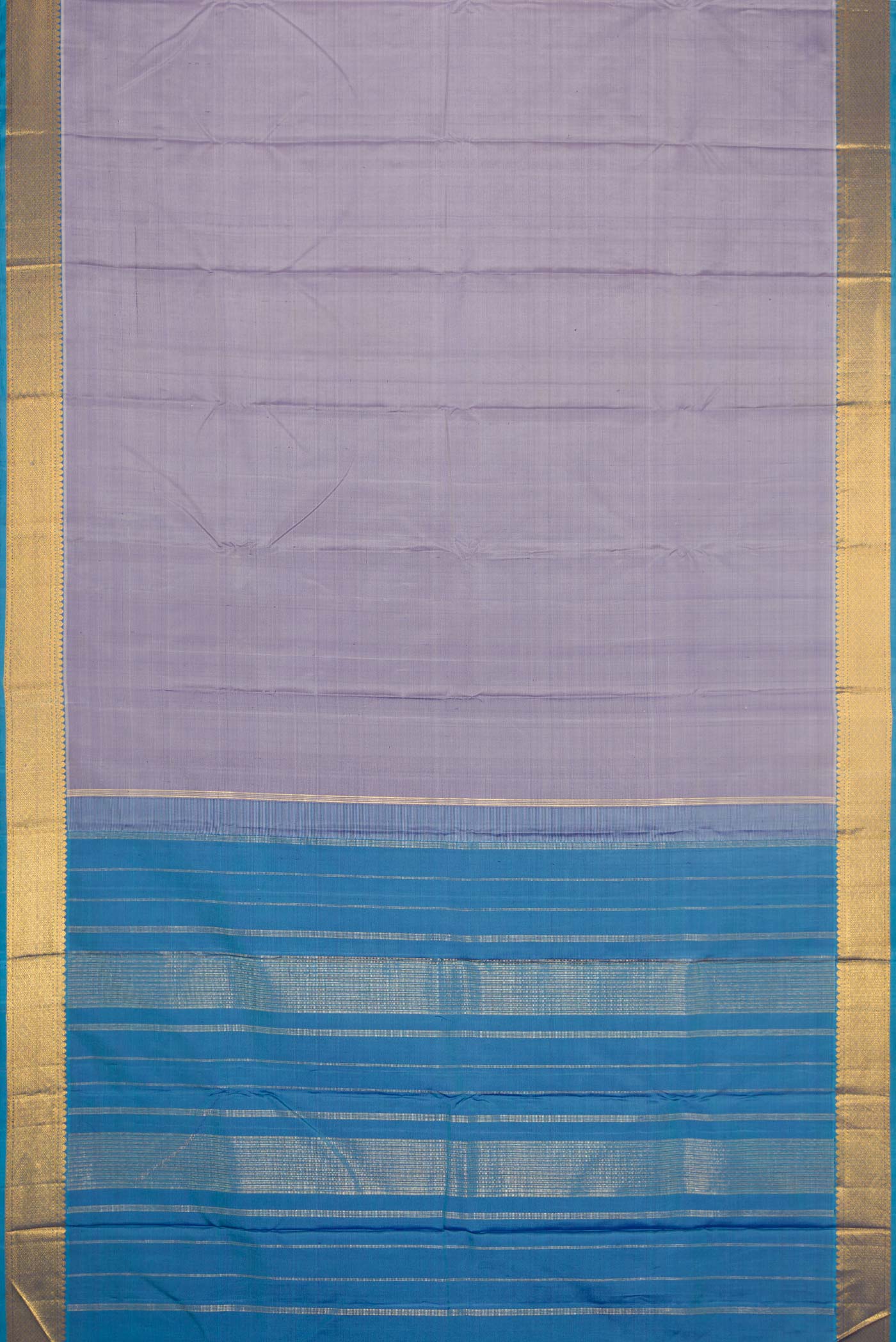 Flat view of Lavender Dual Tone Kanchipuram Silk Saree with Plain Body and Zari Border. 