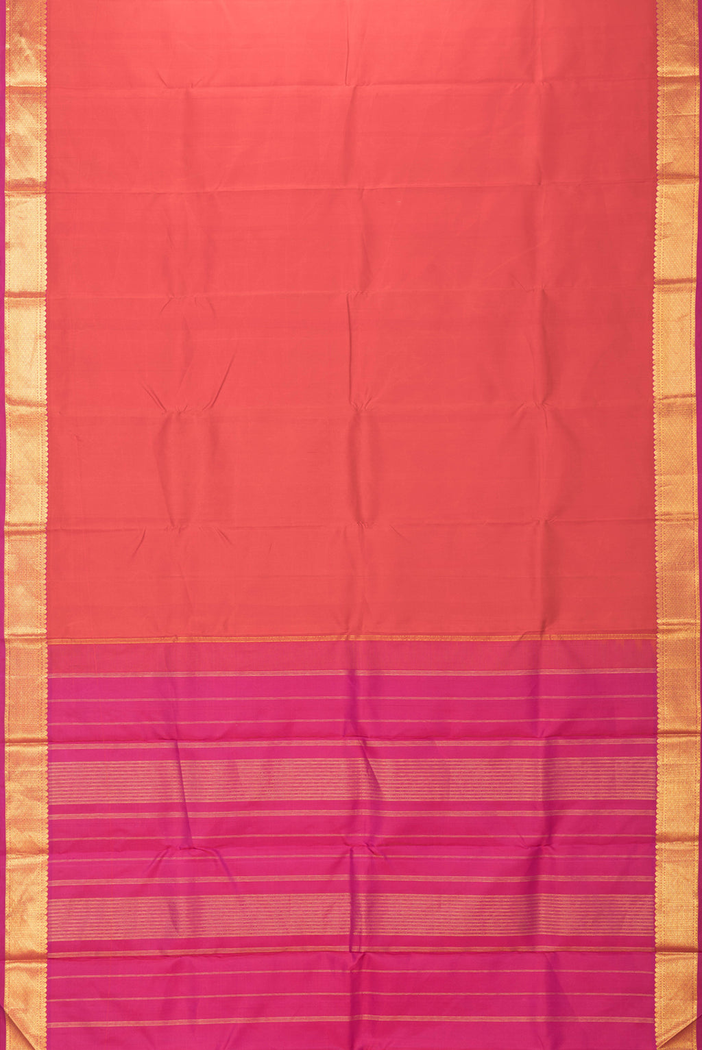 Flat view of Orange Dual Tone Kanchipuram Silk Saree with Plain Body and Zari Border. 
