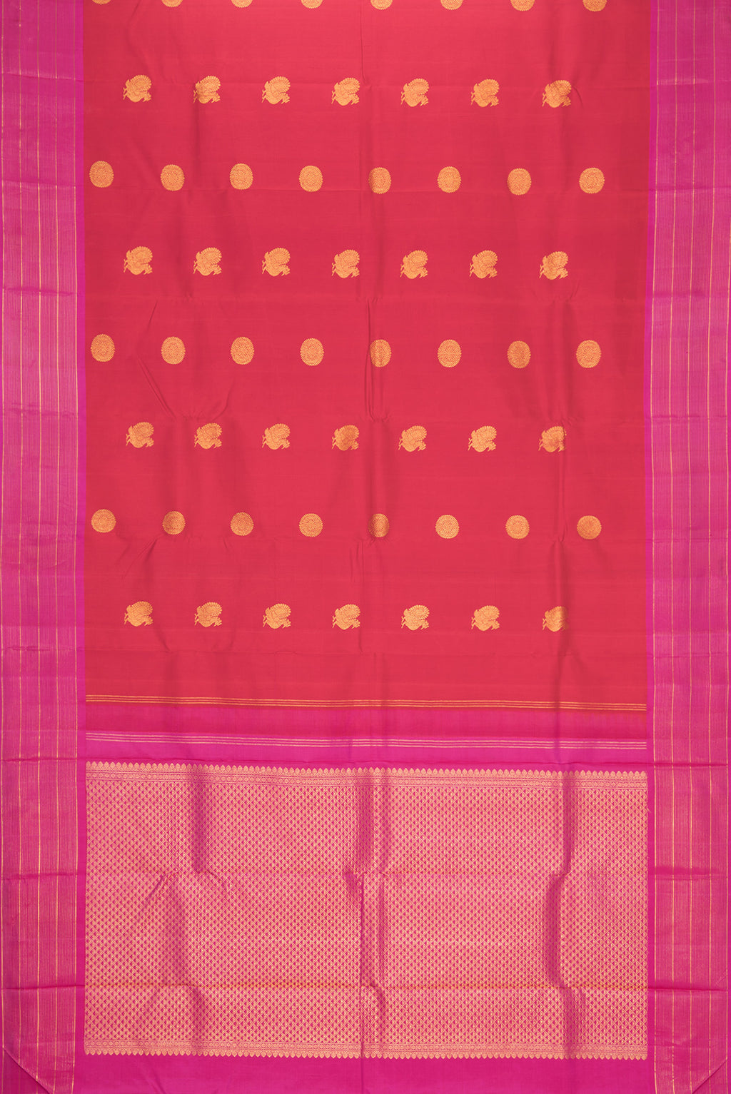 Flat view of Red Dual Tone Kanchipuram Silk Saree with Zari Butta on the body and Zari Border. 