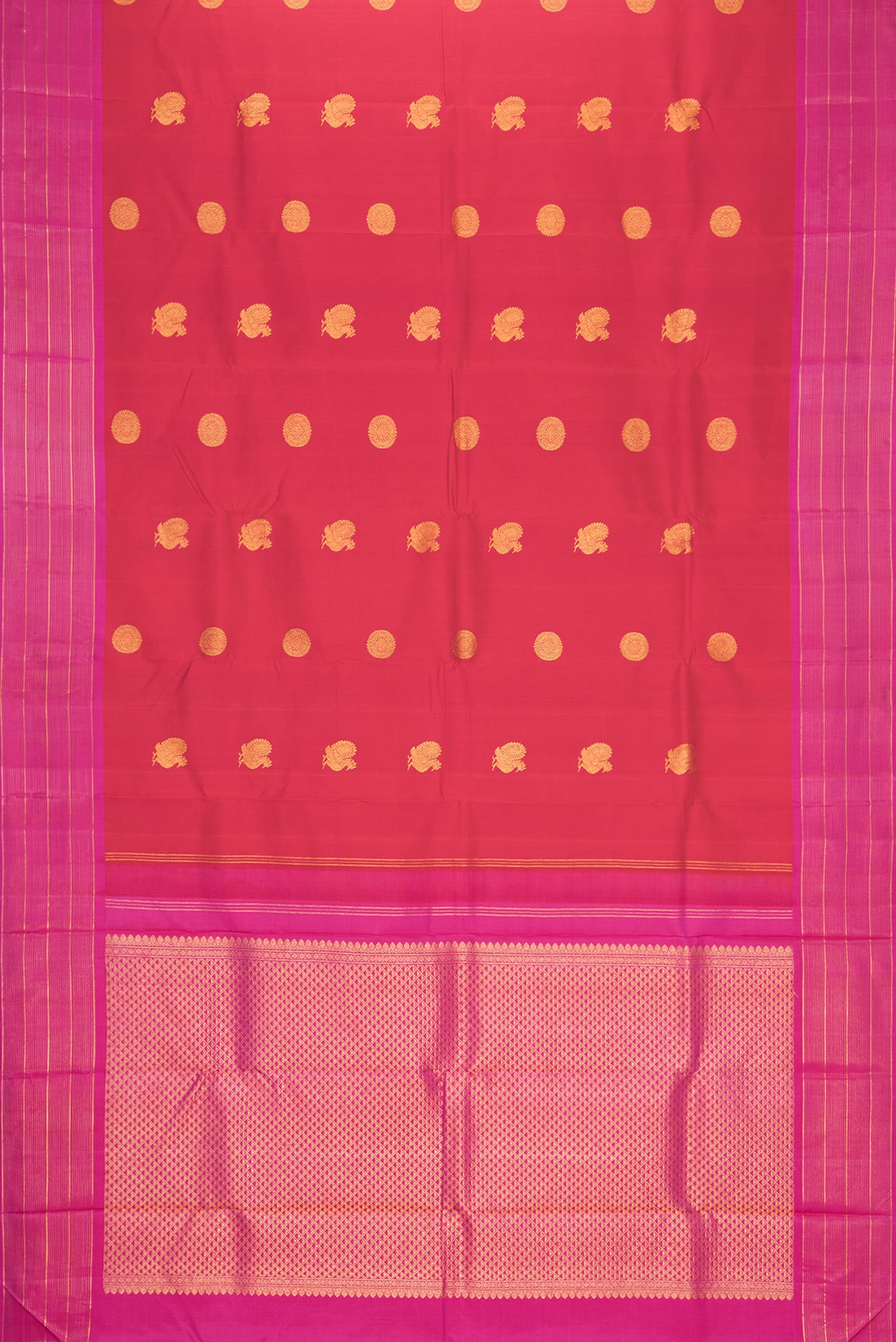 Flat view of Red Dual Tone Kanchipuram Silk Saree with Zari Butta on the body and Zari Border. 