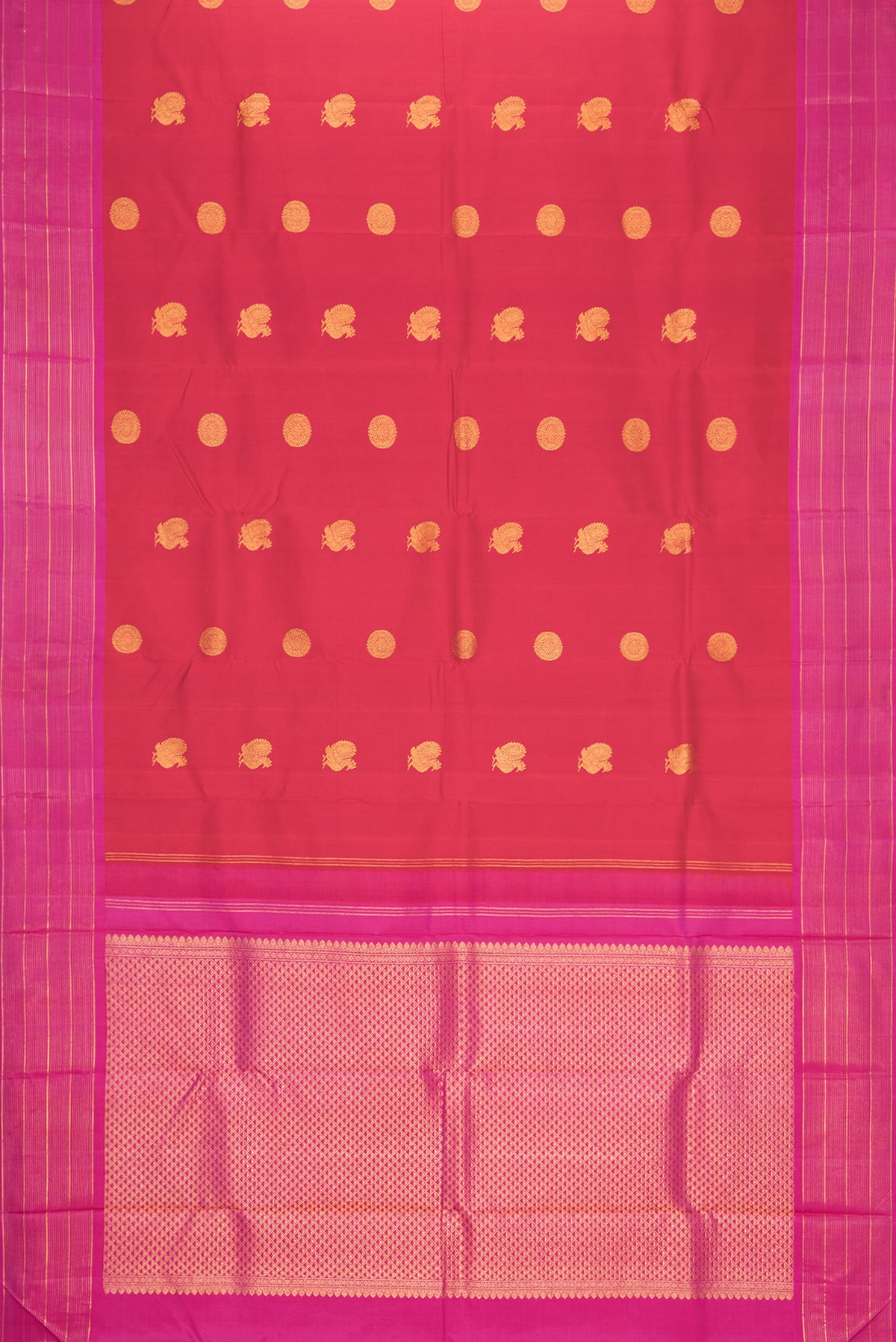 Flat view of Red Dual Tone Kanchipuram Silk Saree with Zari Butta on the body and Zari Border. 