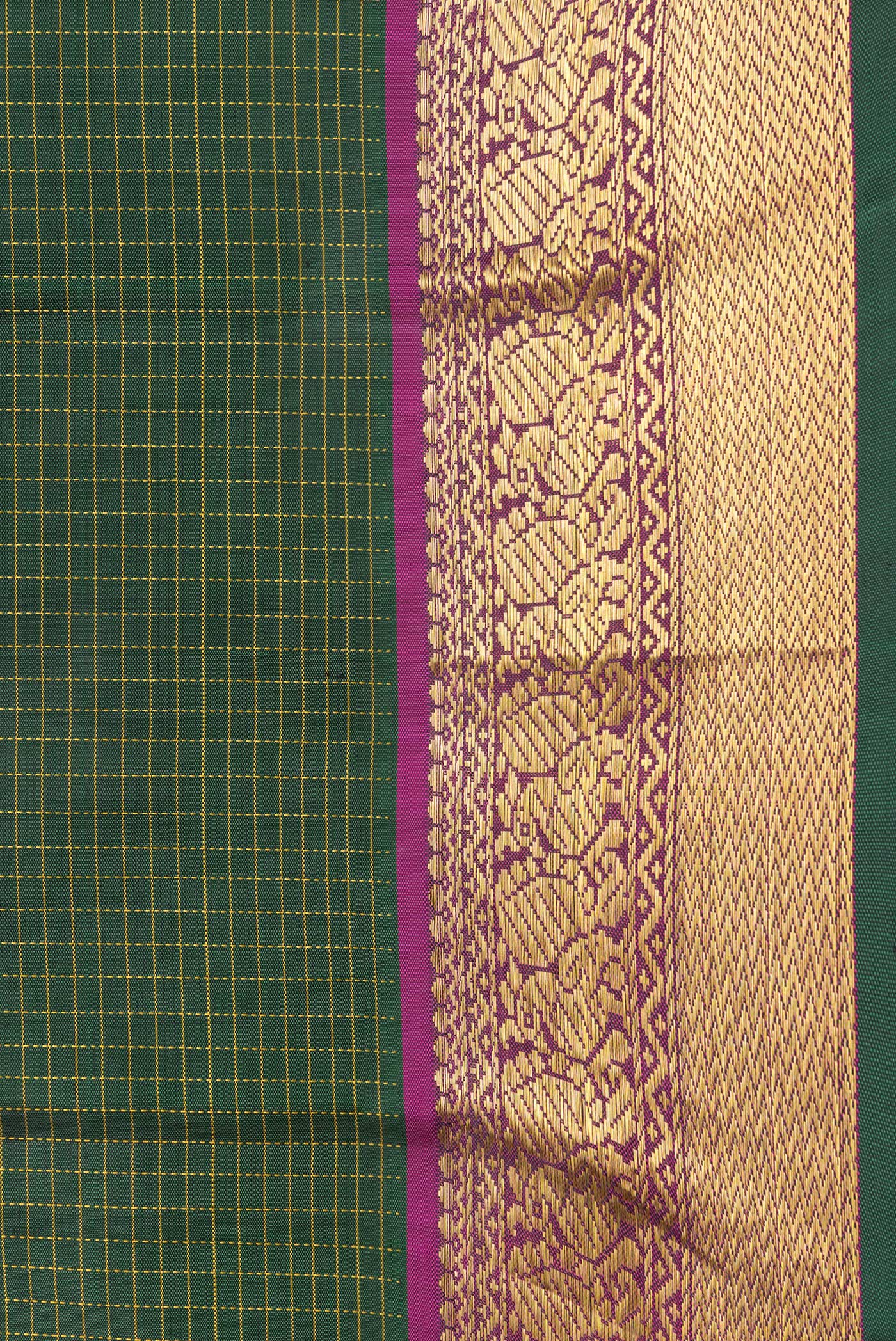 Border image of Bottle Green Dual Tone Kanchipuram Silk Saree with Checked design on the body and Zari Border. 