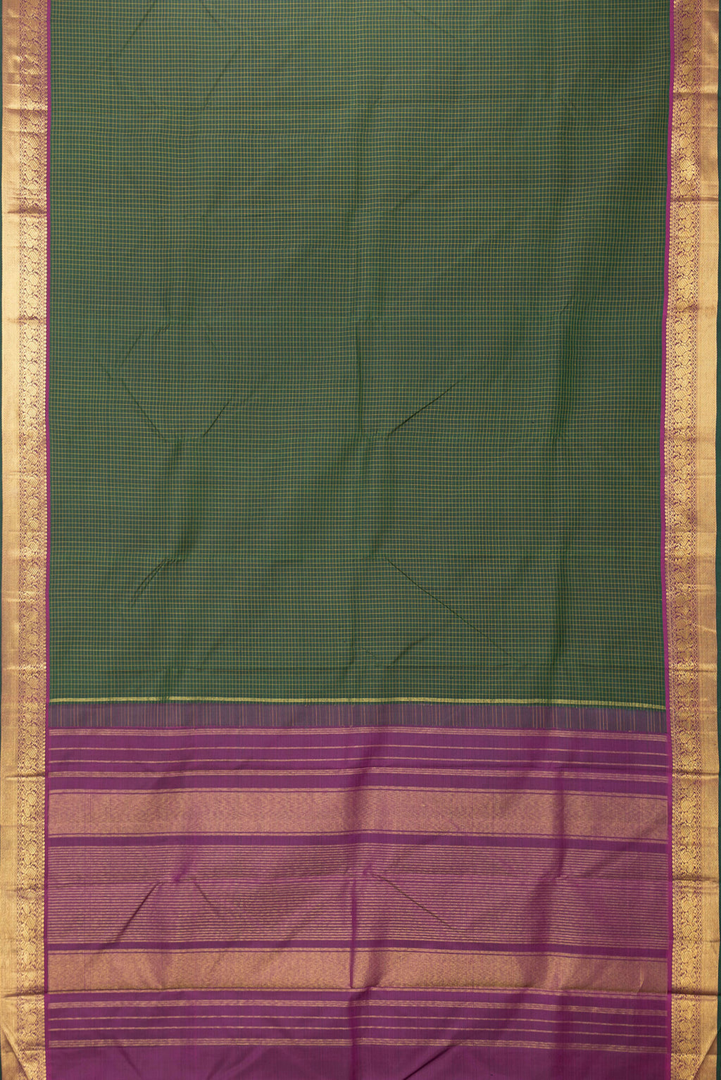 Flat view of Bottle Green Dual Tone Kanchipuram Silk Saree with Checked design on the body and Zari Border. 