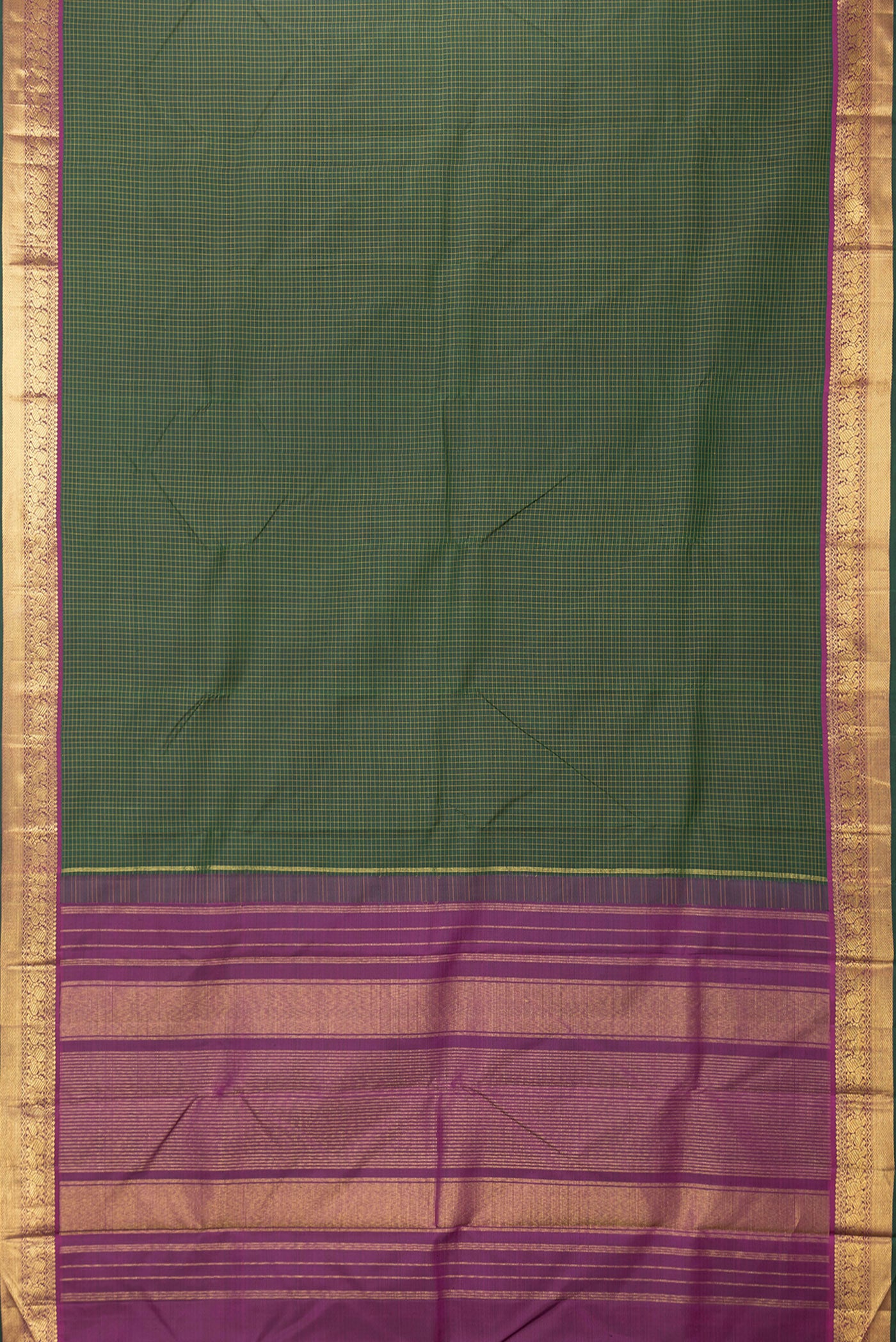 Flat view of Bottle Green Dual Tone Kanchipuram Silk Saree with Checked design on the body and Zari Border. 