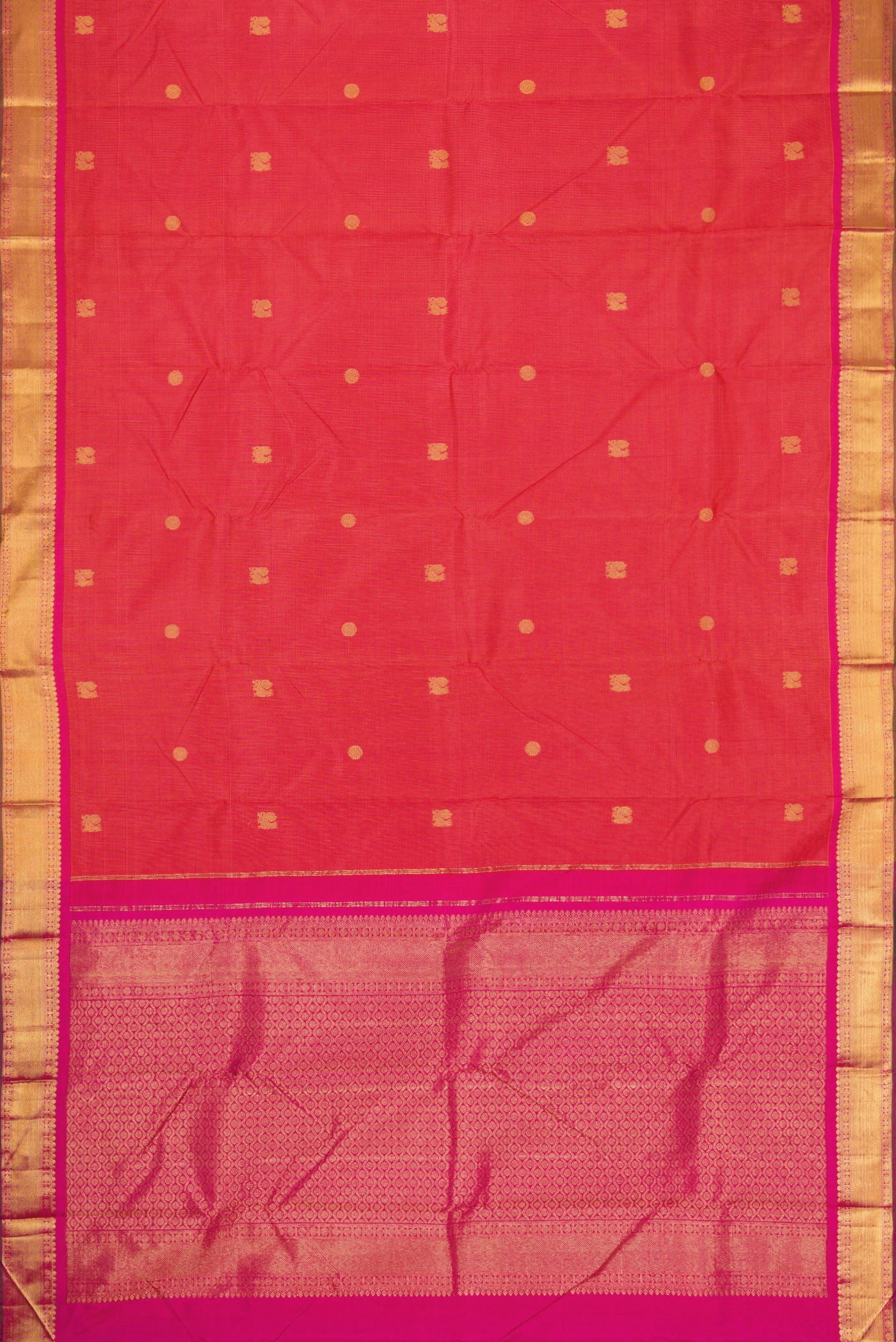 Flat view of Coral Dual Tone Kanchipuram Silk Saree with Checked design on the body and Zari Border. 