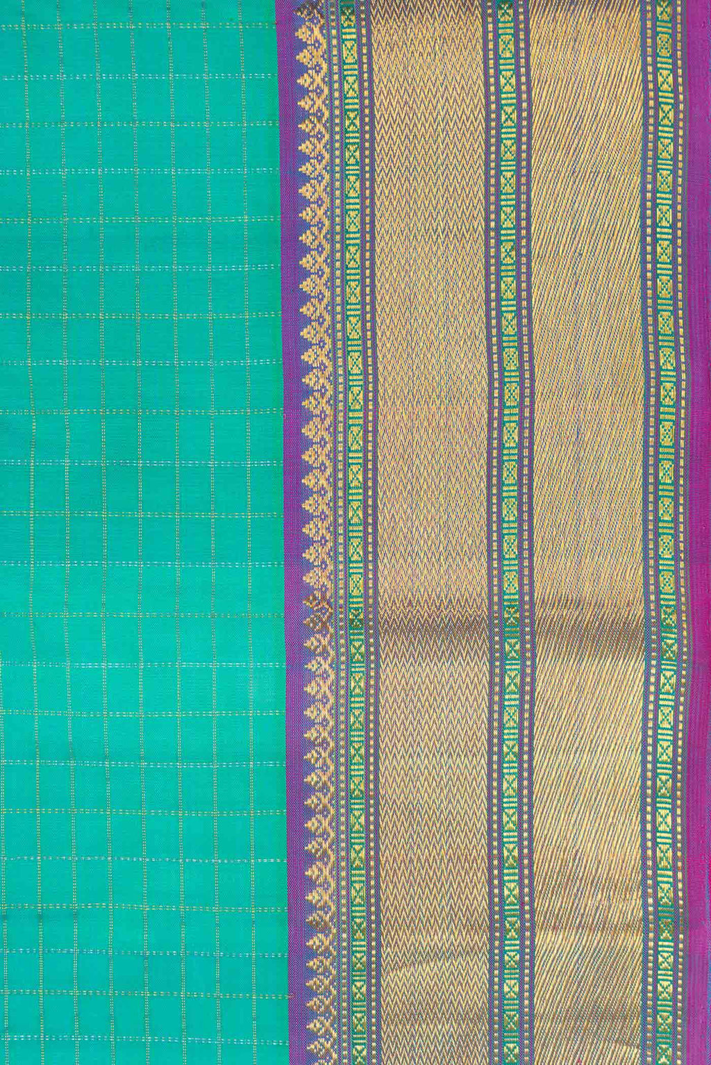 Border image of Sea Green Dual Tone Kanchipuram Silk Saree with Checked design on the body and Zari Border. 