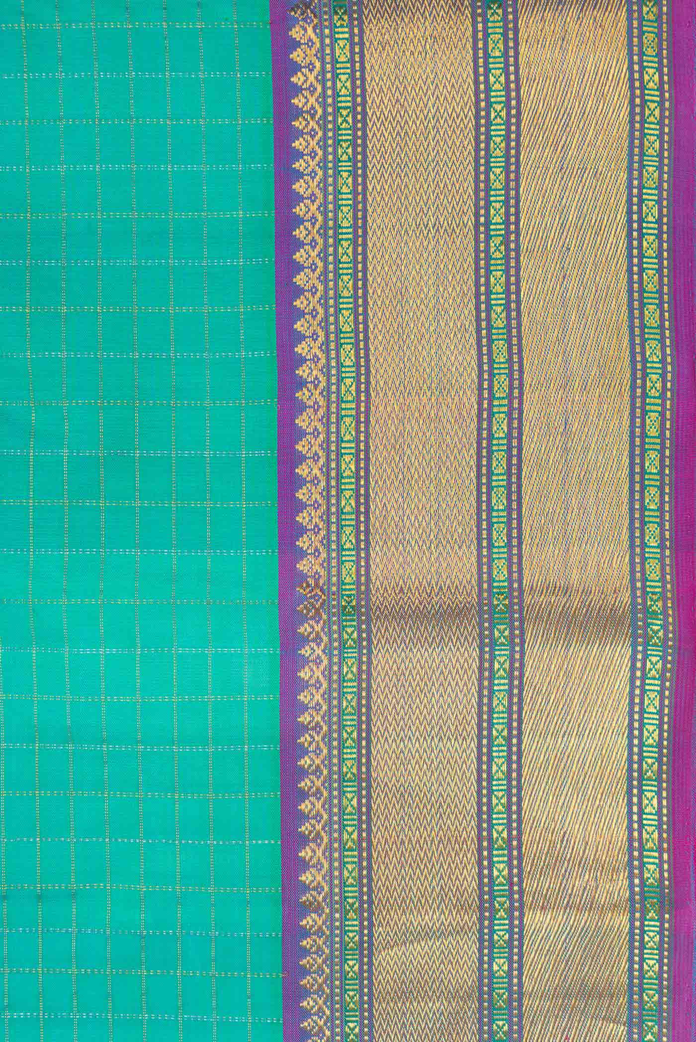 Border image of Sea Green Dual Tone Kanchipuram Silk Saree with Checked design on the body and Zari Border. 
