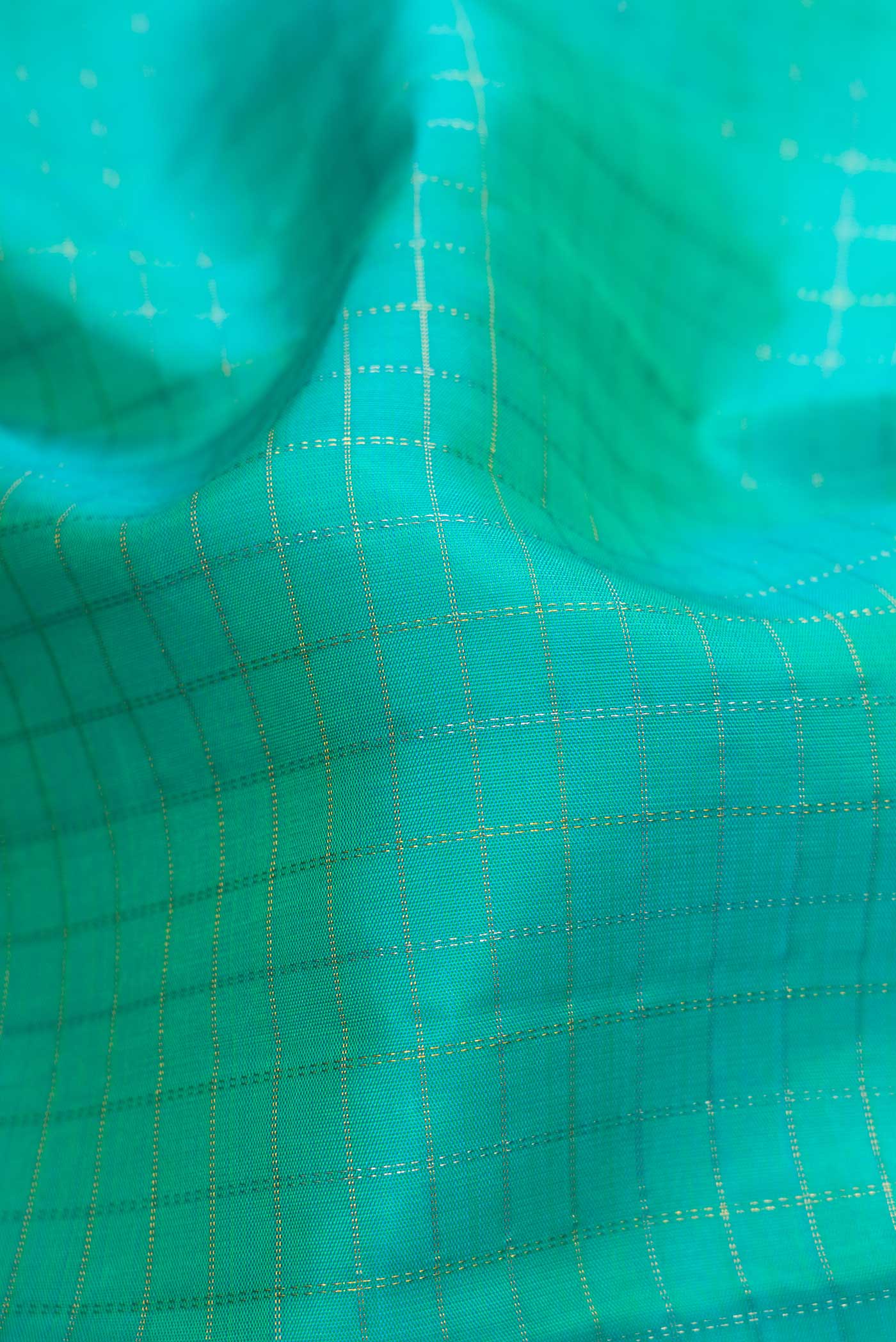 Close up of Sea Green Dual Tone Kanchipuram Silk Saree with Checked design on the body and Zari Border.  displaying folds
