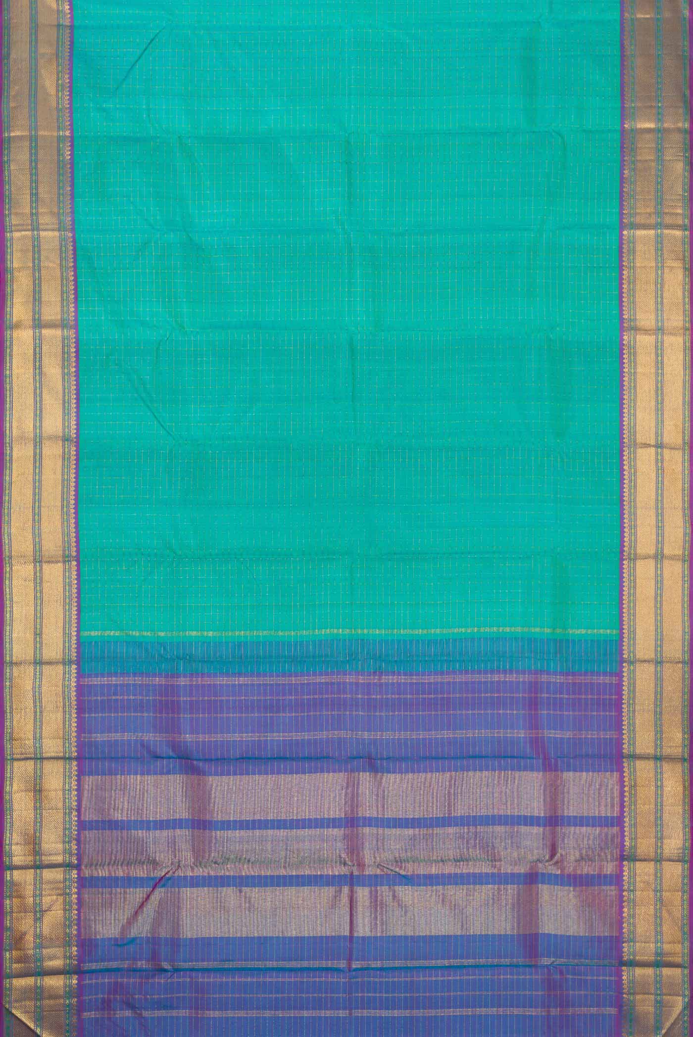Flat view of Sea Green Dual Tone Kanchipuram Silk Saree with Checked design on the body and Zari Border. 