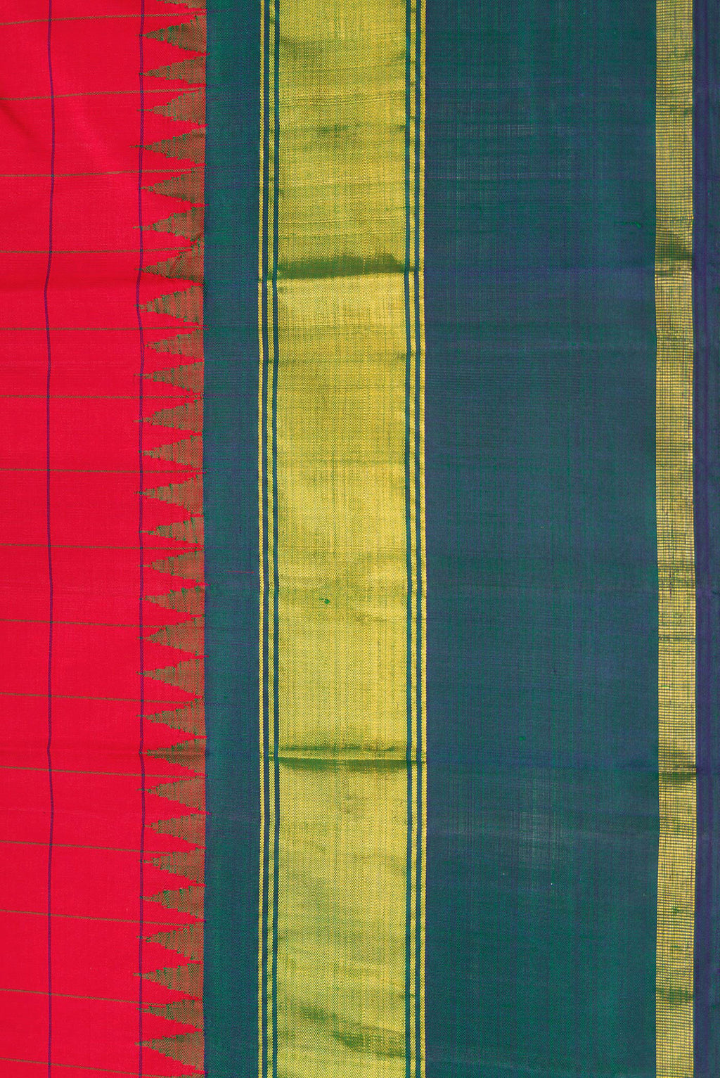 Border image of Red Dual Tone Kanchipuram Silk Saree with Checked design on the body and Zari Border. 