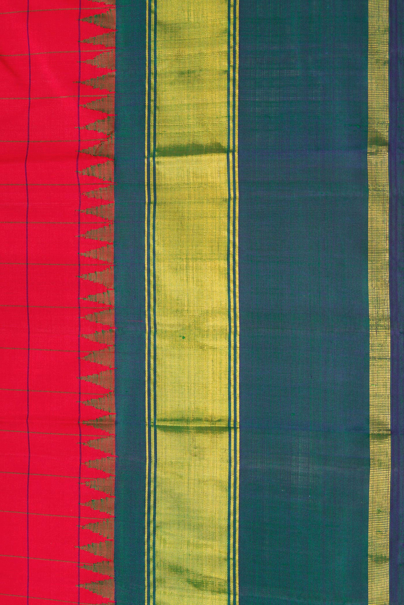 Border image of Red Dual Tone Kanchipuram Silk Saree with Checked design on the body and Zari Border. 