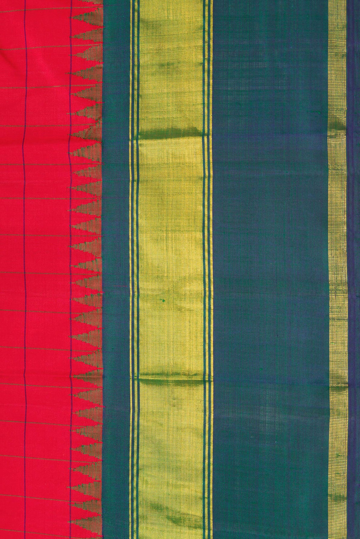 Border image of Red Dual Tone Kanchipuram Silk Saree with Checked design on the body and Zari Border. 