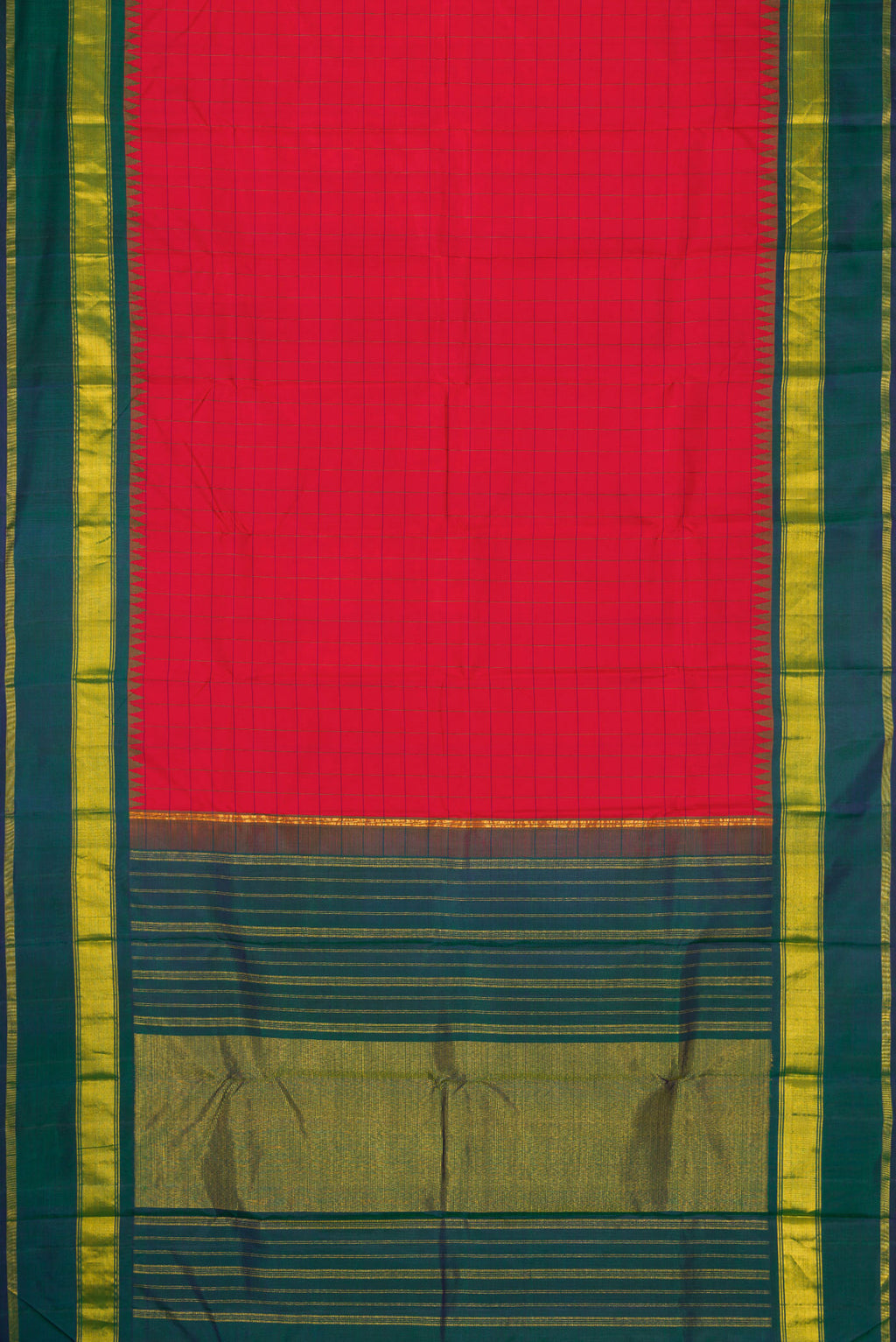 Flat view of Red Dual Tone Kanchipuram Silk Saree with Checked design on the body and Zari Border. 