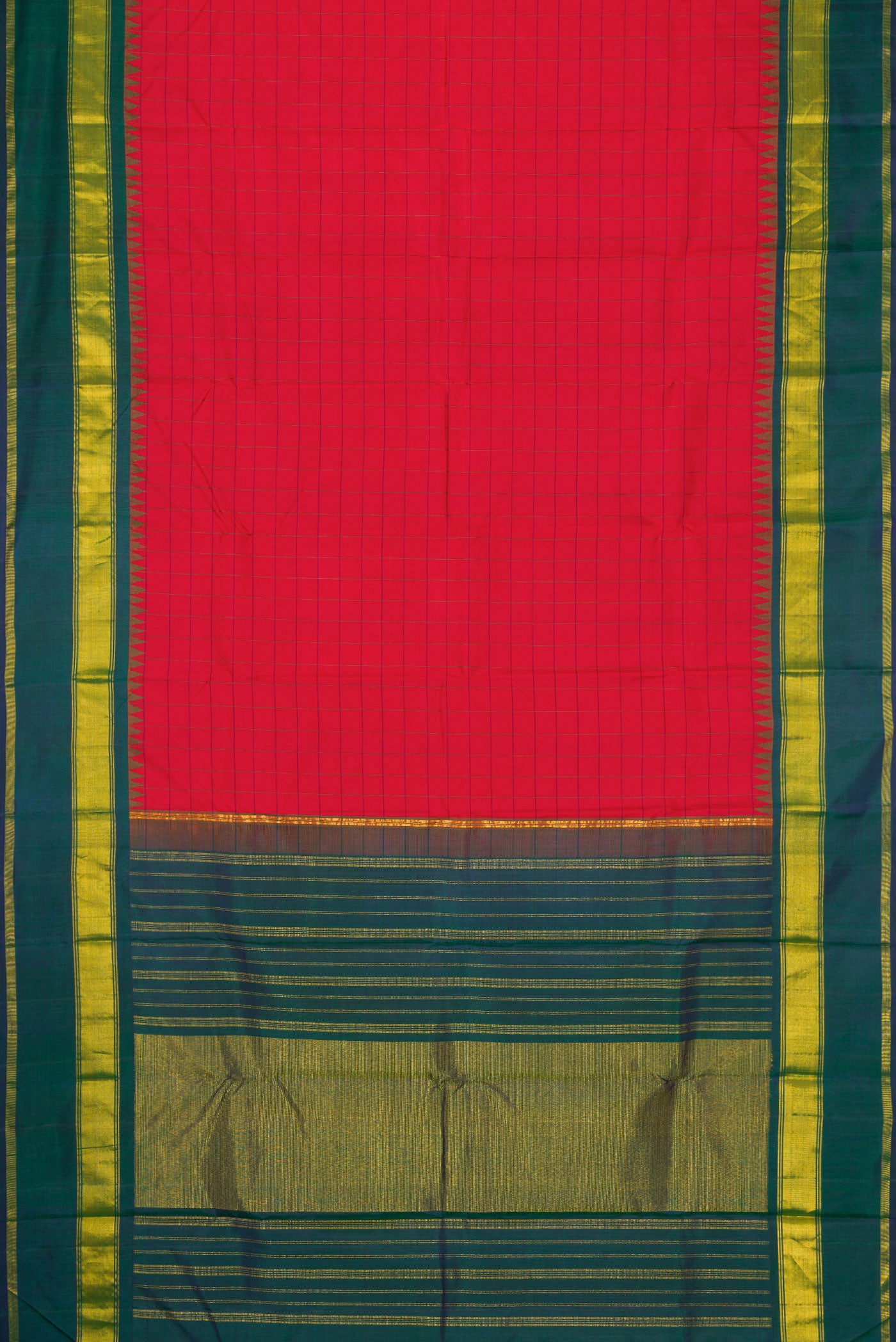 Flat view of Red Dual Tone Kanchipuram Silk Saree with Checked design on the body and Zari Border. 