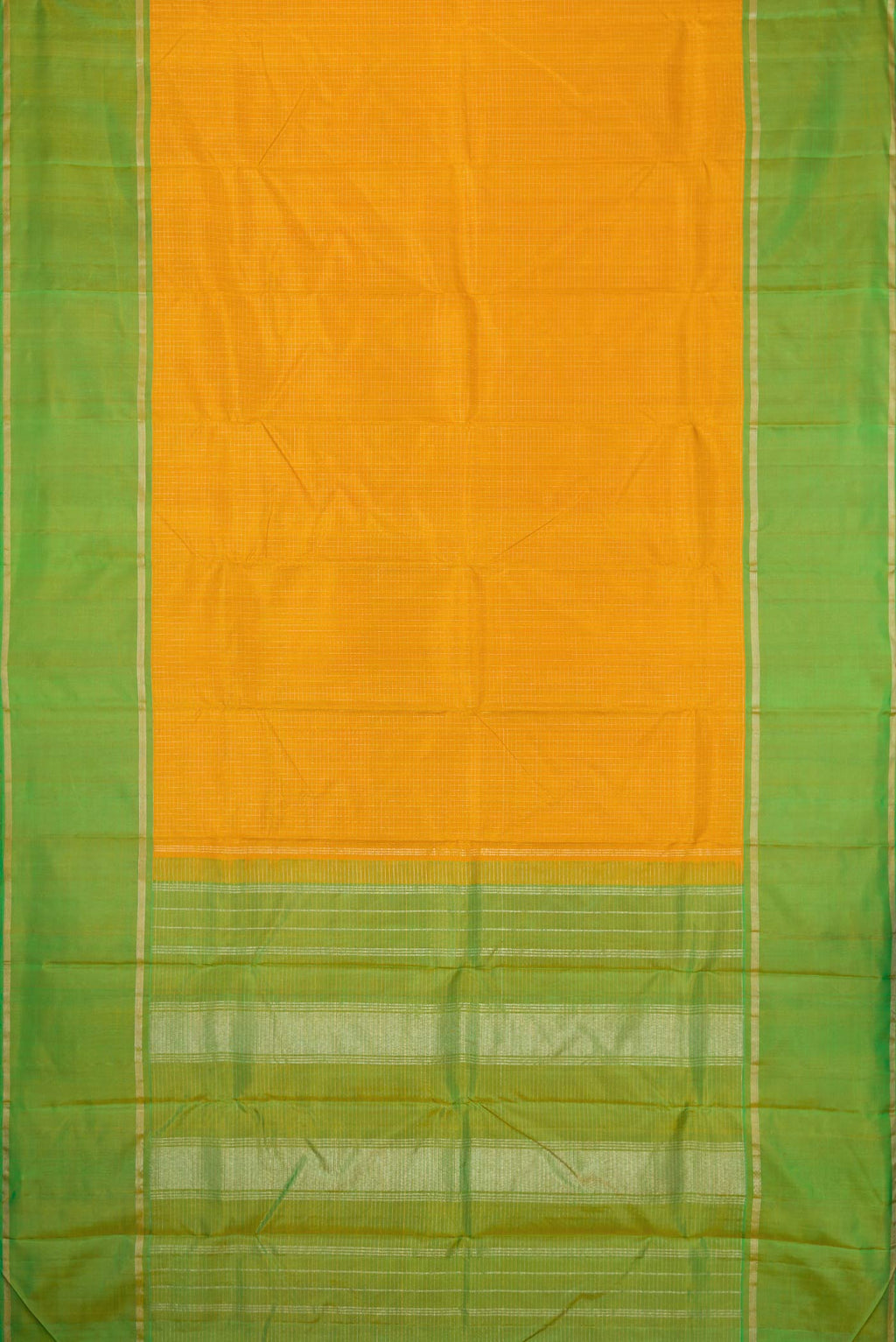 Flat view of Mustard Dual Tone Kanchipuram Silk Saree with Checked design on the body and Zari Border. 