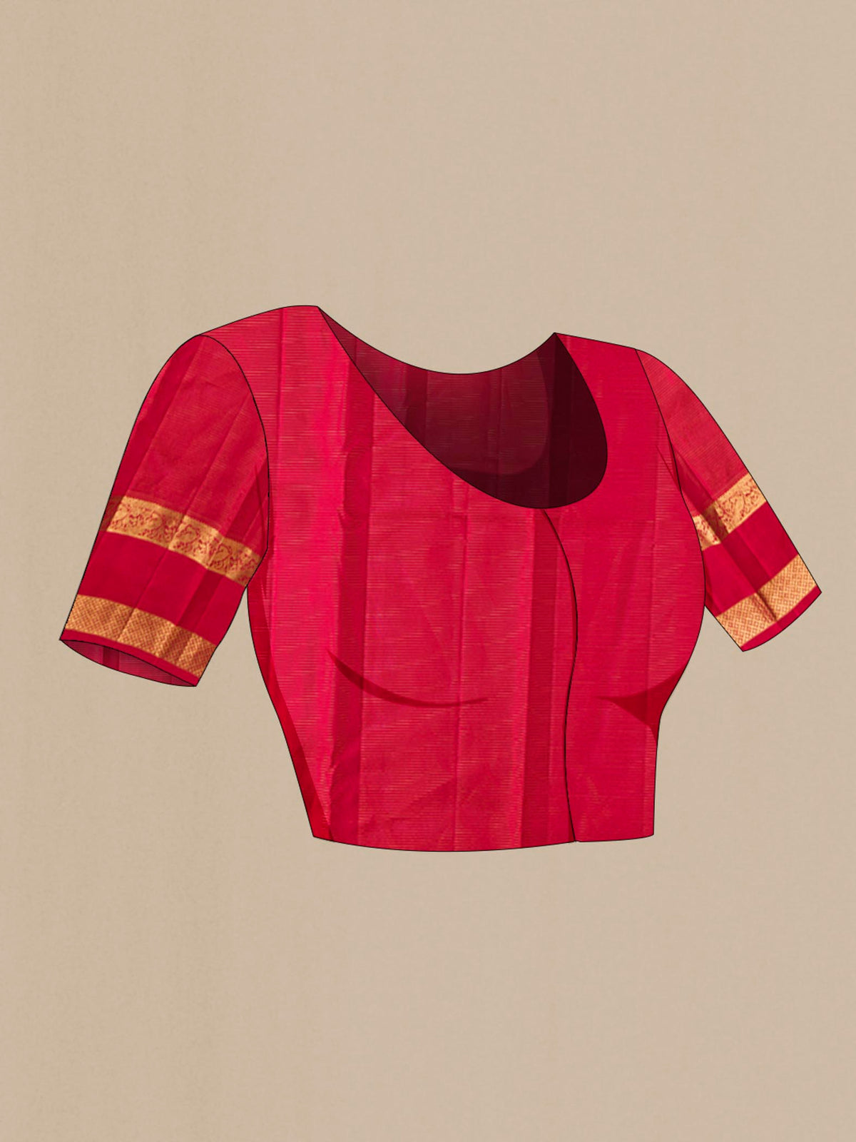 Close up image of the blouse of Maroon Kanchipuram Silk Saree with Stripes on the body and Zari Border