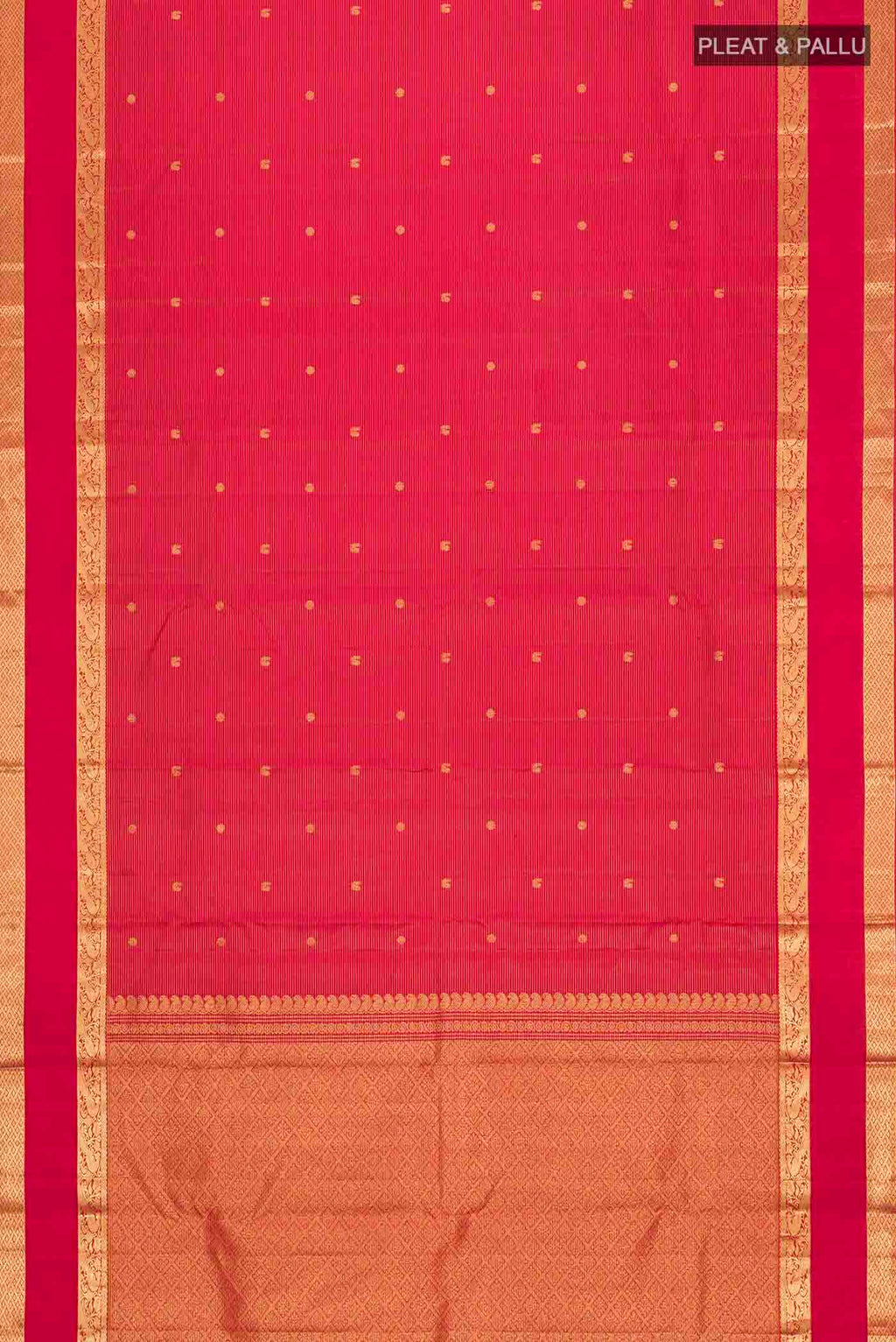 Flat view of Maroon Kanchipuram Silk Saree with Stripes on the body and Zari Border