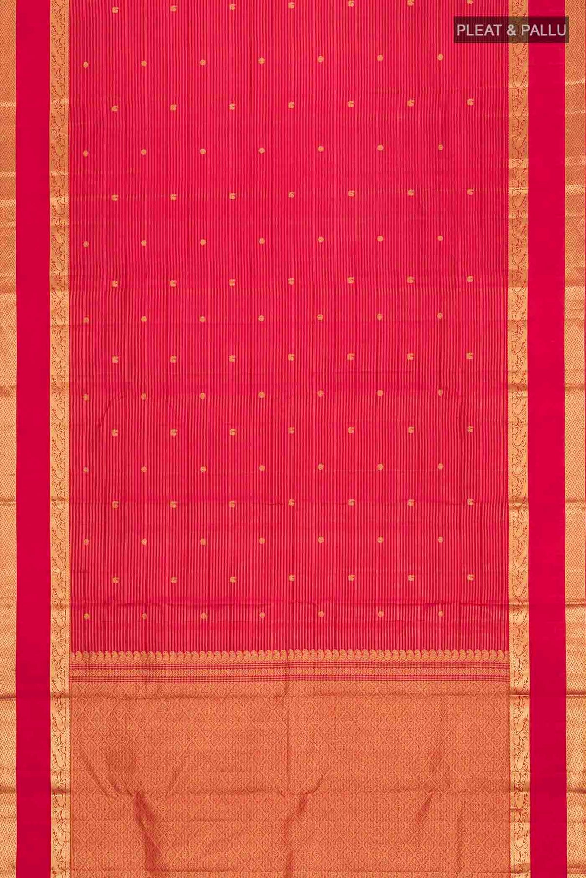 Flat view of Maroon Kanchipuram Silk Saree with Stripes on the body and Zari Border