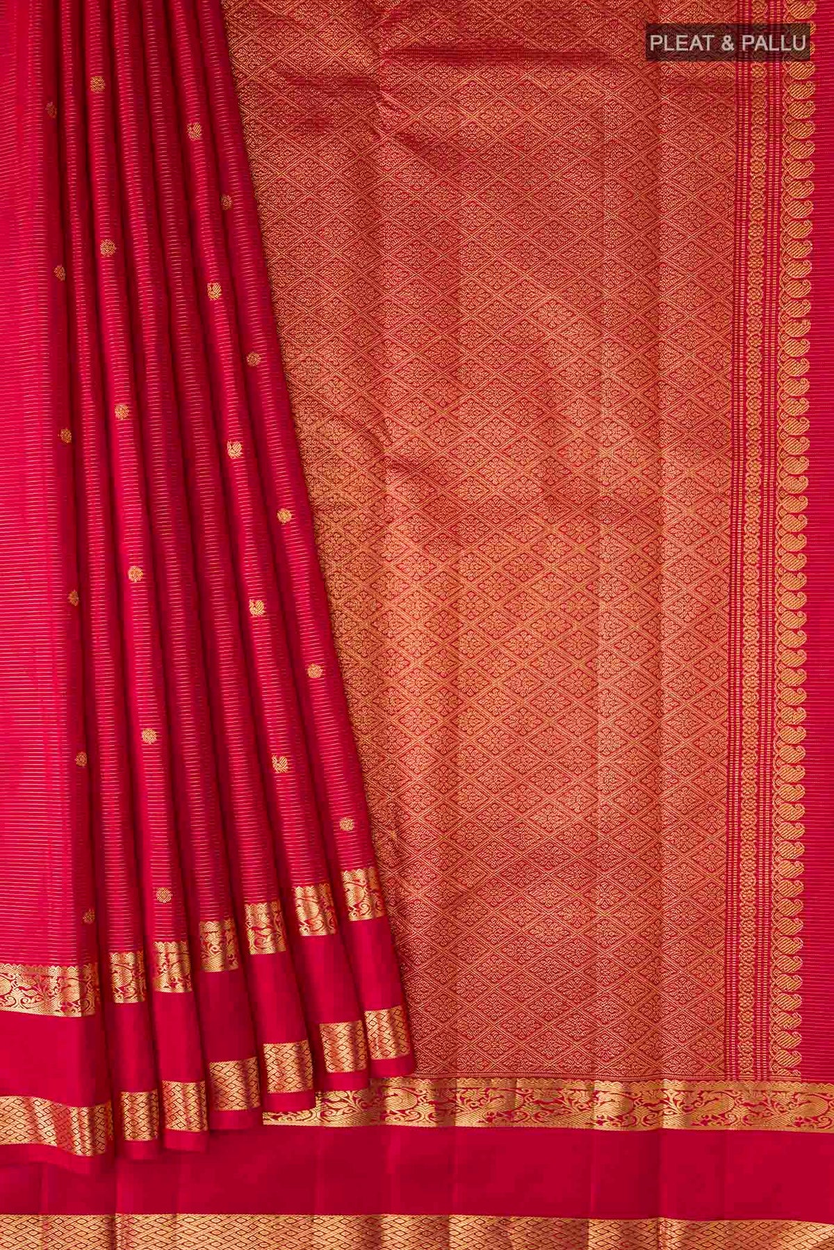 Pleats and pallu of Maroon Kanchipuram Silk Saree with Stripes on the body and Zari Border
