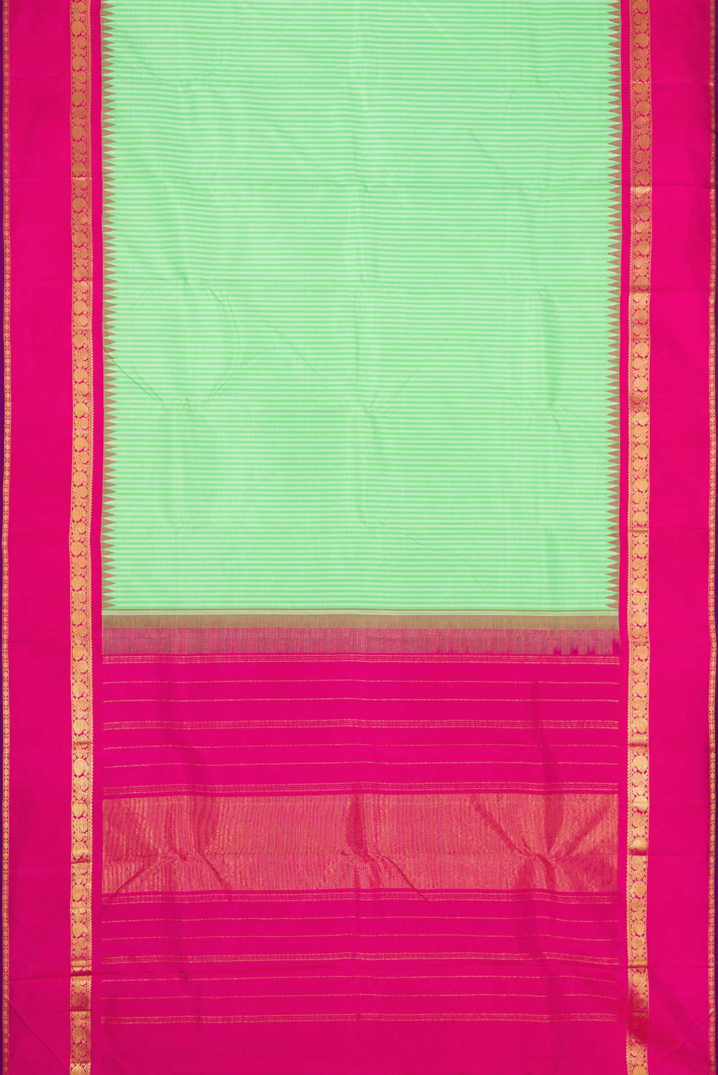 Flat view of Pure Silk Pure Zari Parrot Green Dual Tone Kanchipuram Saree with Stripes on the body and Zari Border