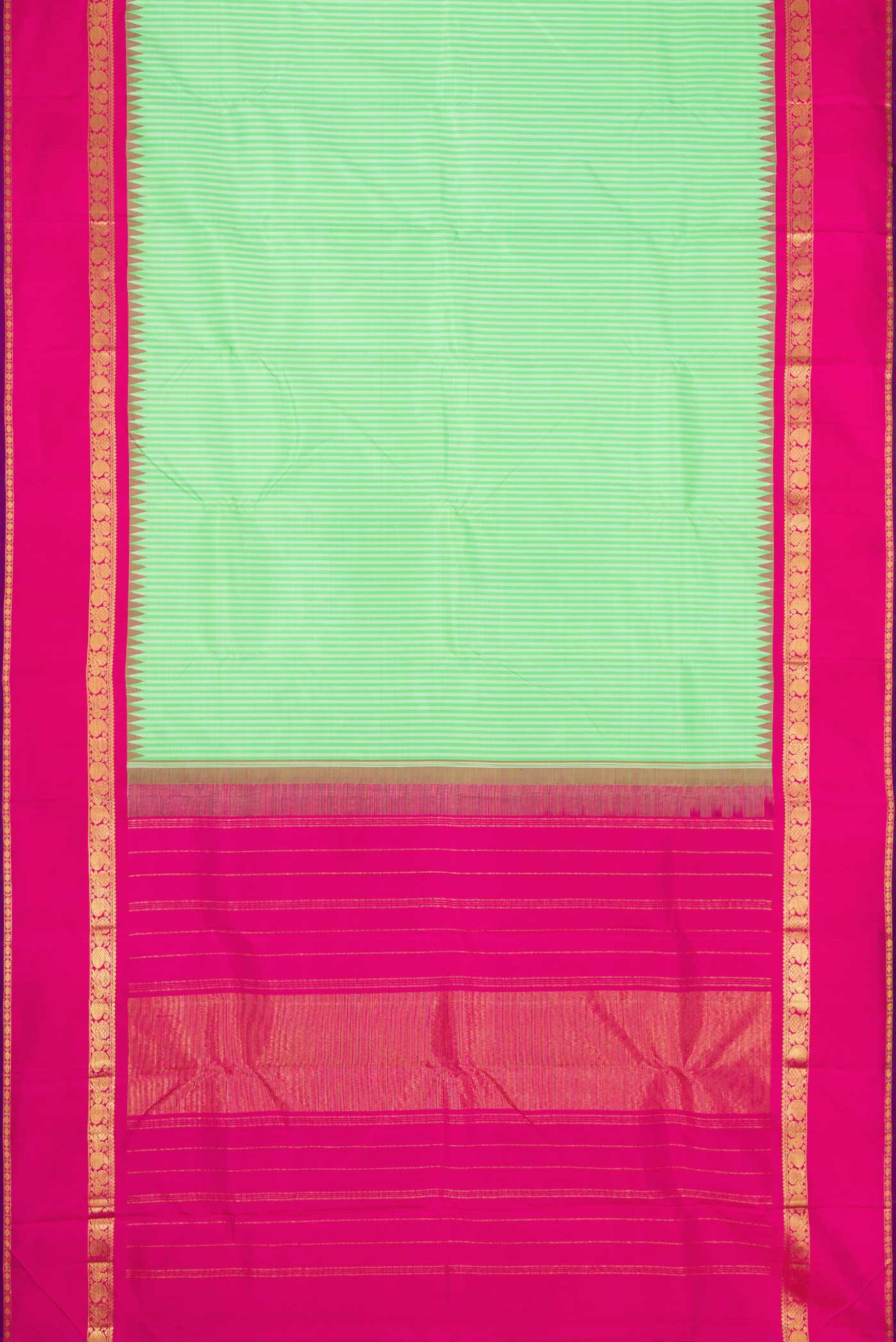 Flat view of Pure Silk Pure Zari Parrot Green Dual Tone Kanchipuram Saree with Stripes on the body and Zari Border