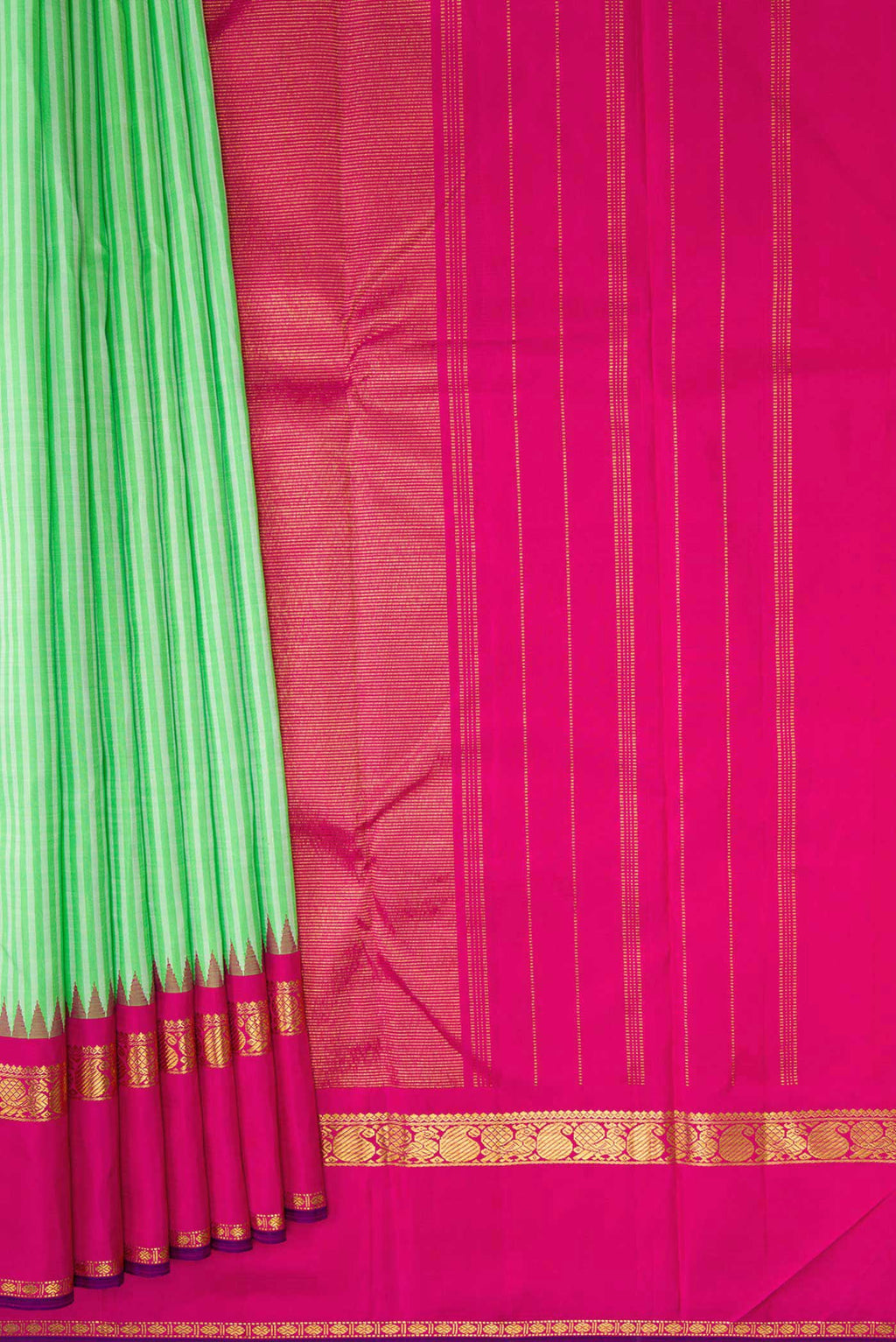 Pleats and pallu of Pure Silk Pure Zari Parrot Green Dual Tone Kanchipuram Saree with Stripes on the body and Zari Border