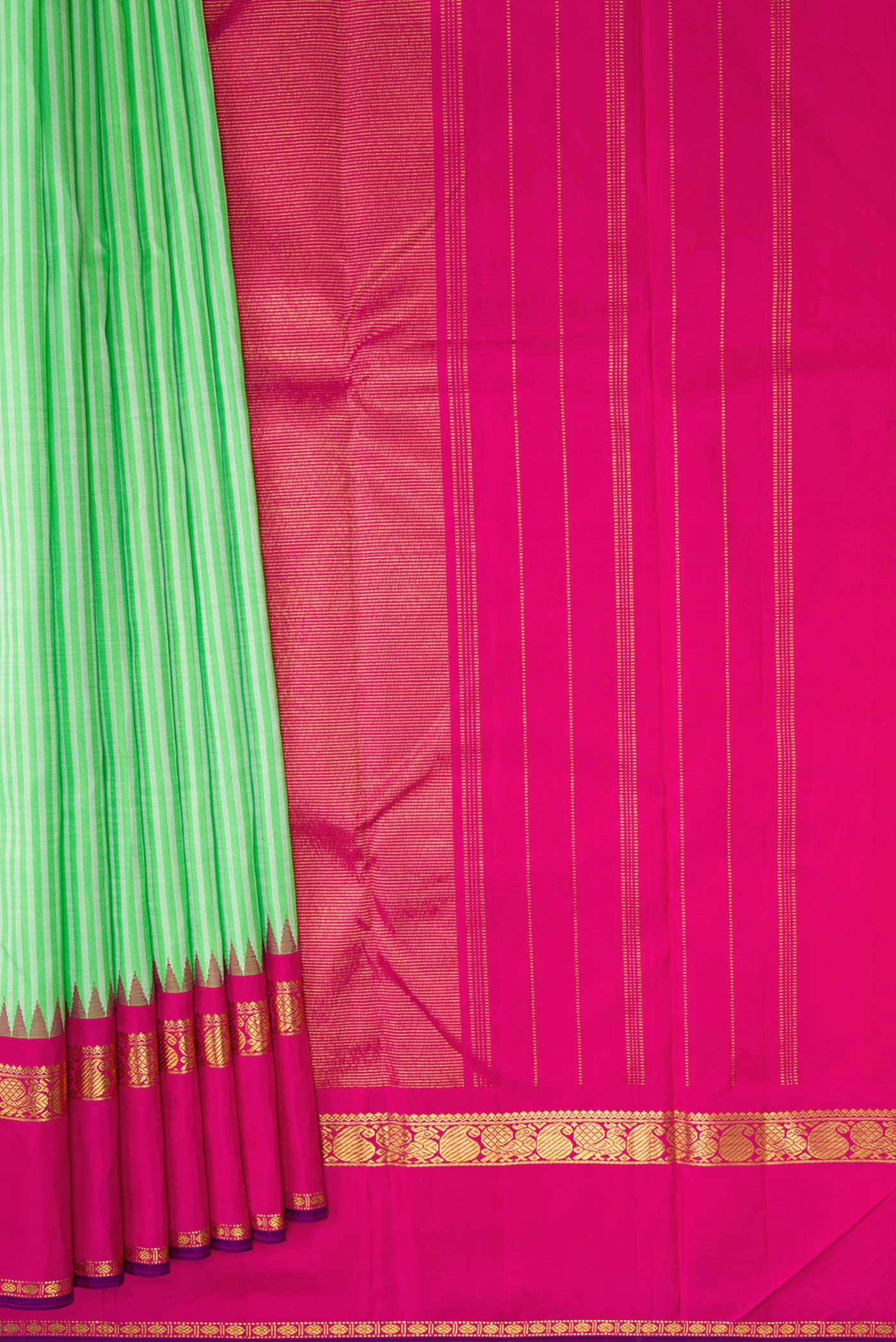 Pleats and pallu of Pure Silk Pure Zari Parrot Green Dual Tone Kanchipuram Saree with Stripes on the body and Zari Border