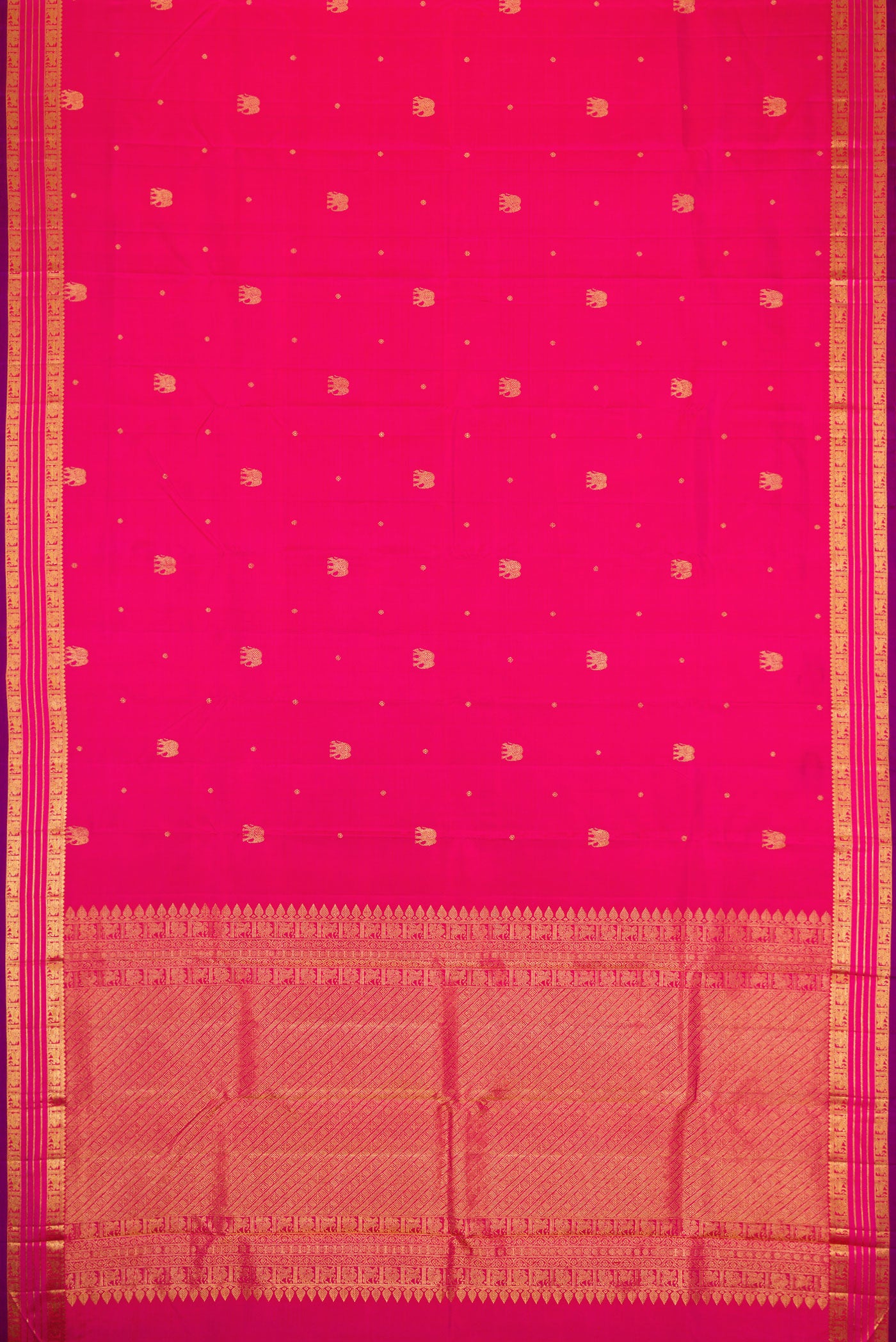 Flat view of Pink Dual Tone Kanchipuram Silk Saree with Zari Butta on the body and Zari Border. 