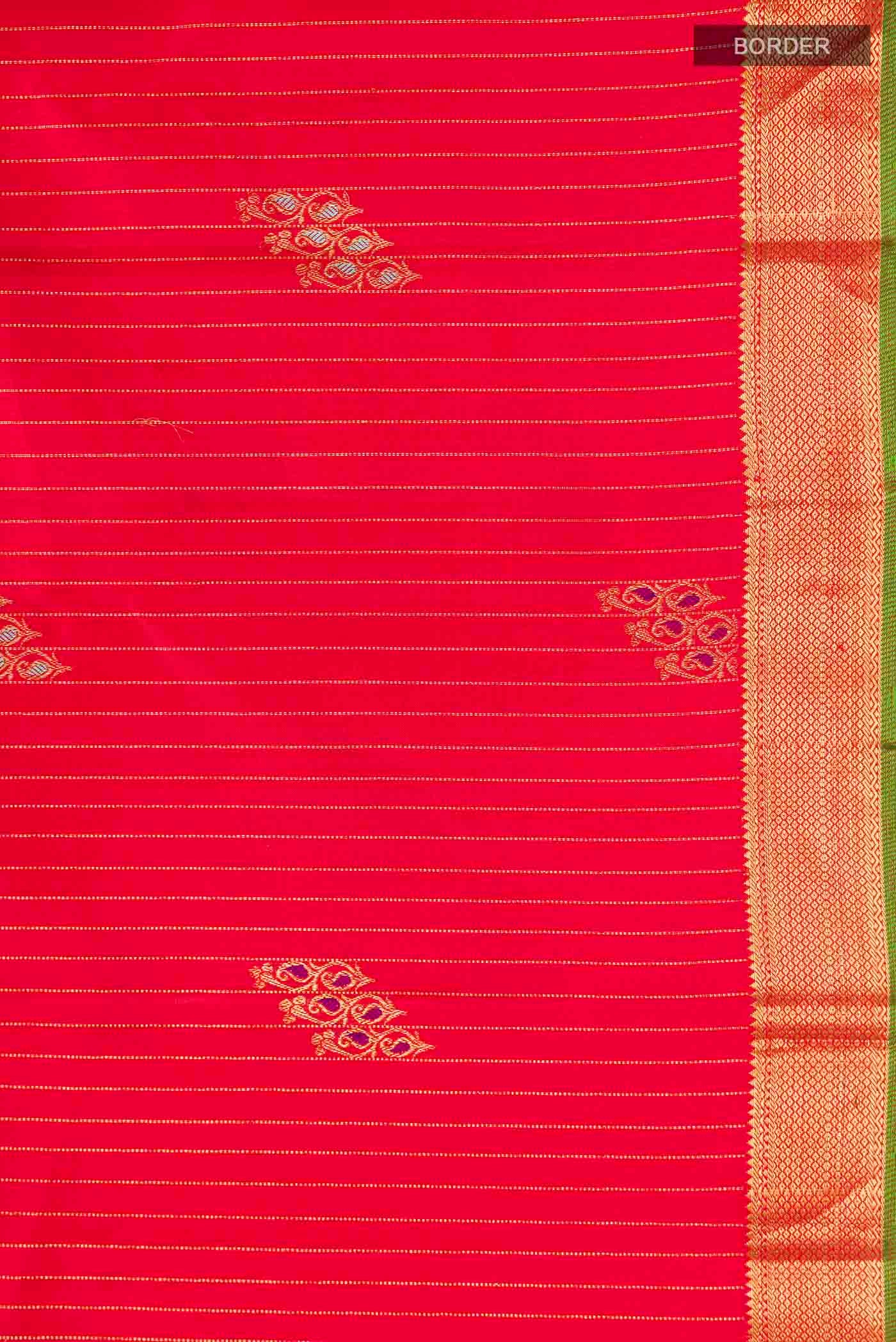 Border image of Red Kanchipuram Silk Saree with Stripes on the body and Zari Border