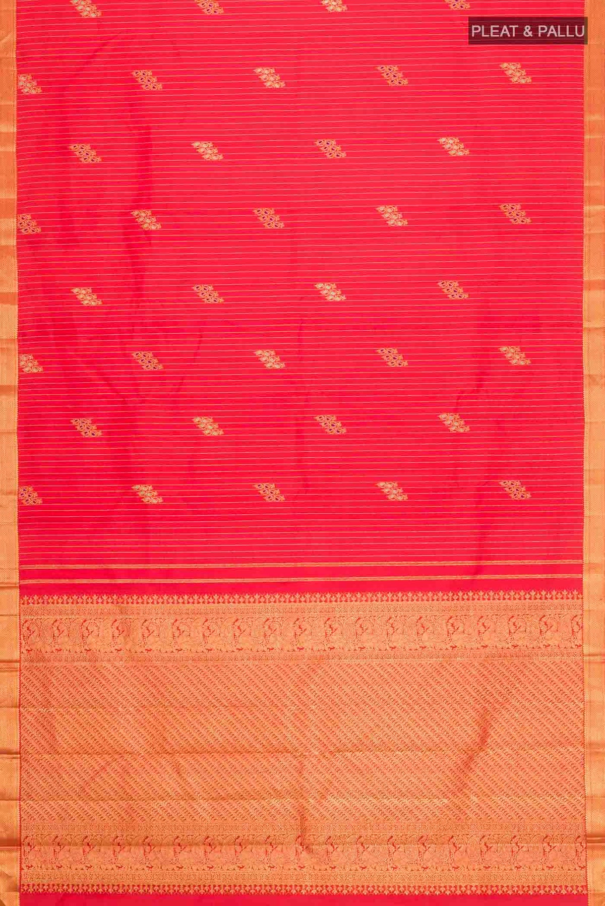 Flat view of Red Kanchipuram Silk Saree with Stripes on the body and Zari Border