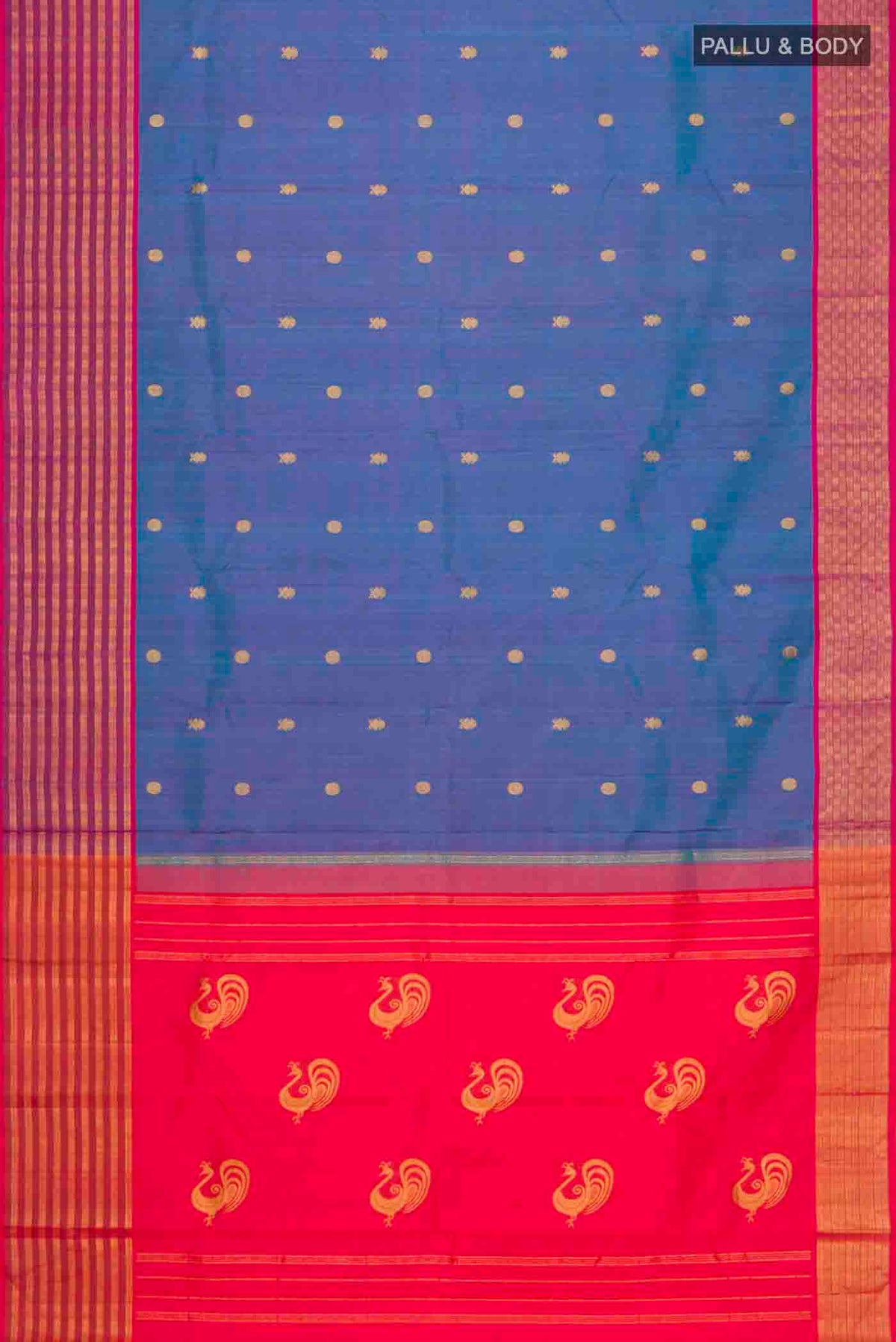 Flat view of Blue Kanchipuram Silk Saree with Zari Butta on the body and Zari Border