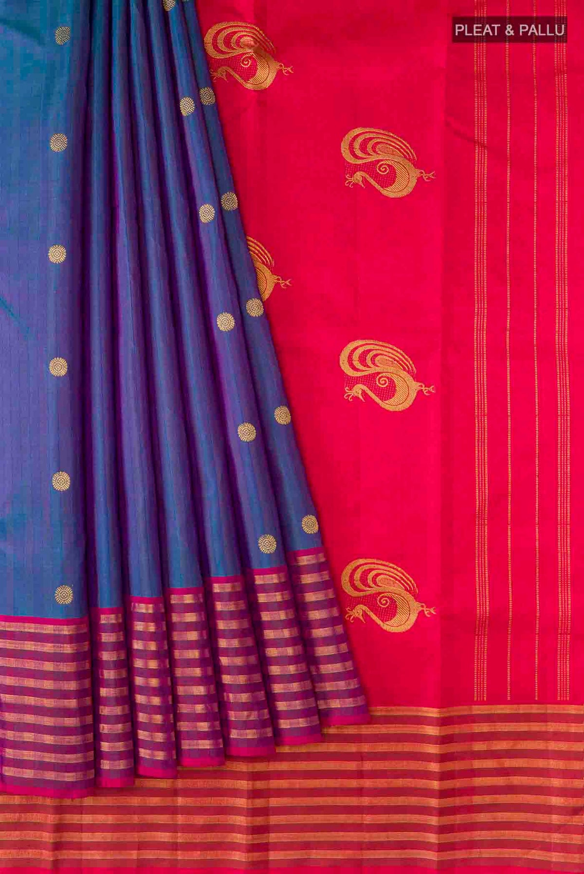 Pleats and pallu of Blue Kanchipuram Silk Saree with Zari Butta on the body and Zari Border