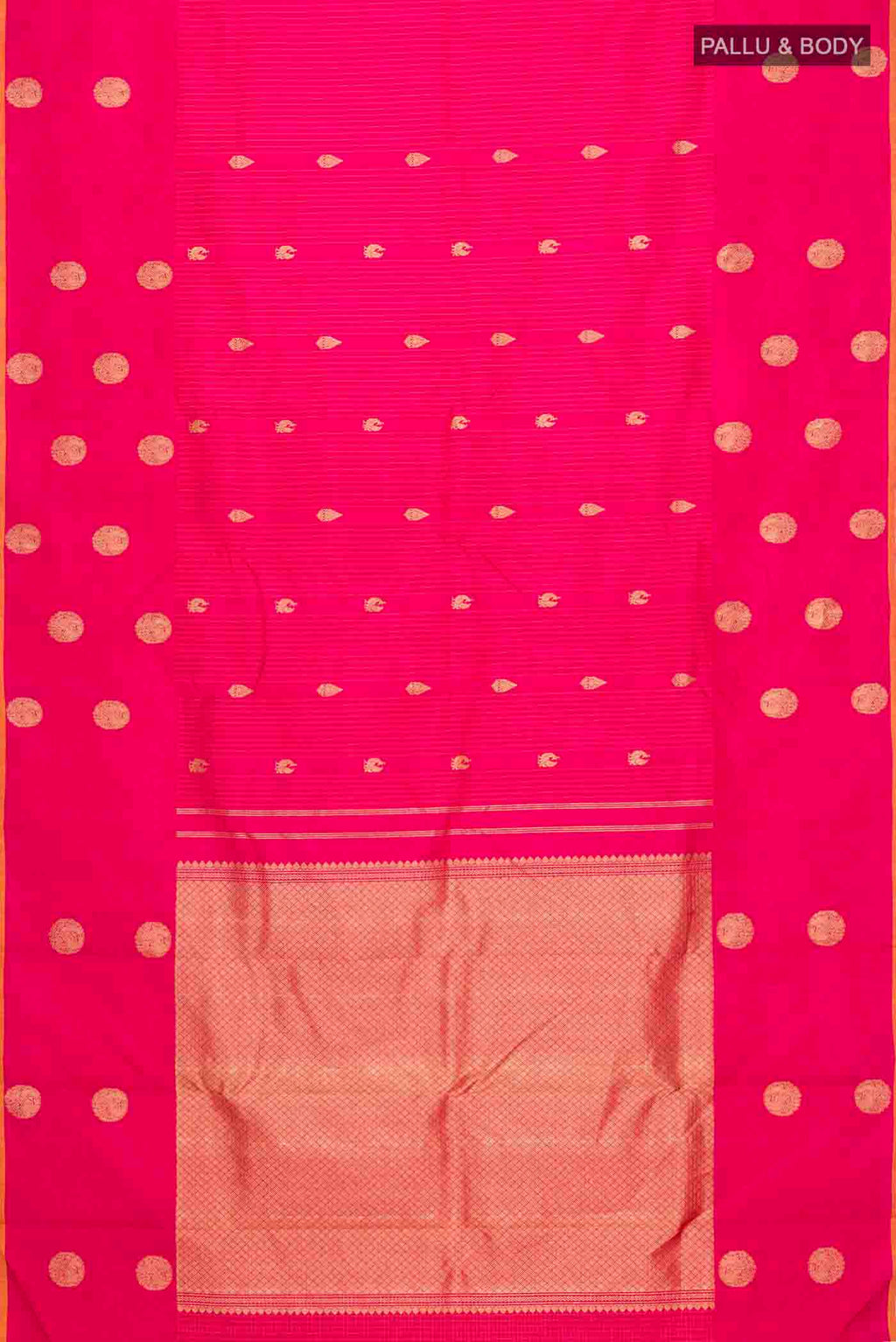 Flat view of Pink Kanchipuram Silk Saree with Zari Butta on the body and Plain Border