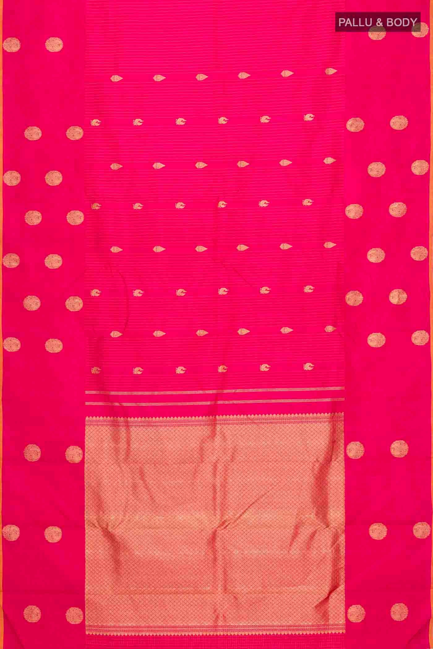 Flat view of Pink Kanchipuram Silk Saree with Zari Butta on the body and Plain Border