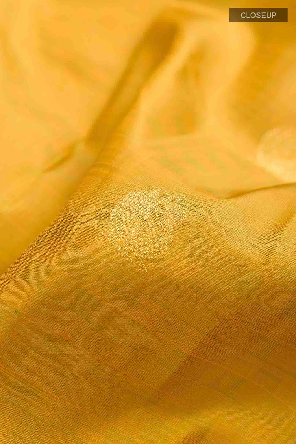 Close up of Green Kanchipuram Silk Saree with Zari Butta on the body and Zari Border displaying folds