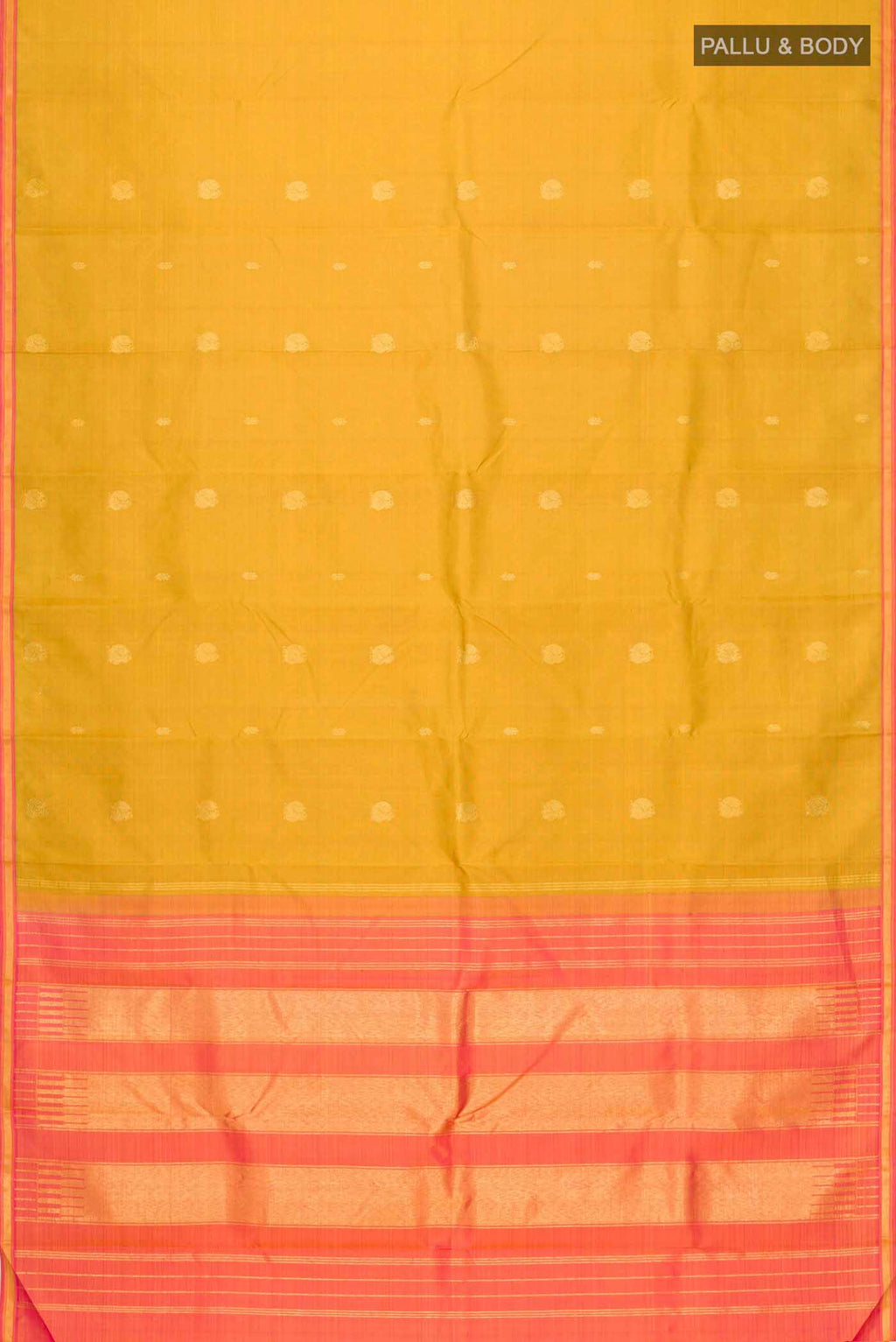 Flat view of Green Kanchipuram Silk Saree with Zari Butta on the body and Zari Border