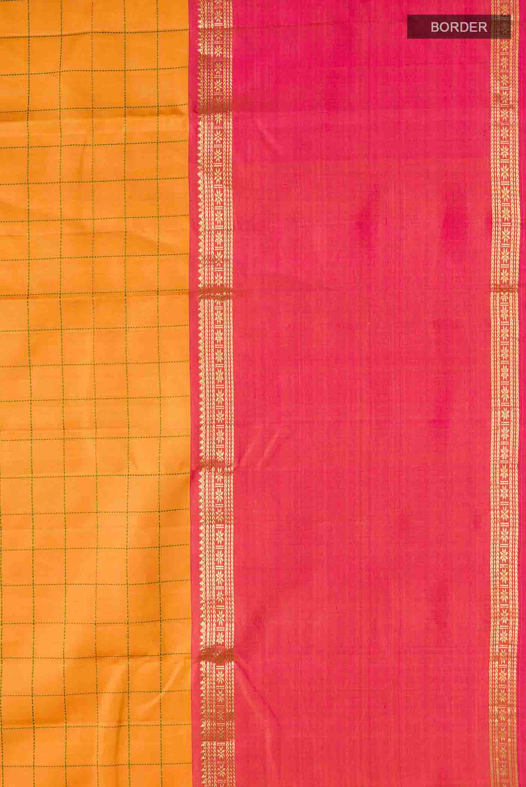 Border image of Mustard Kanchipuram Silk Saree with Checked design on the body and Ganga Jamuna Border