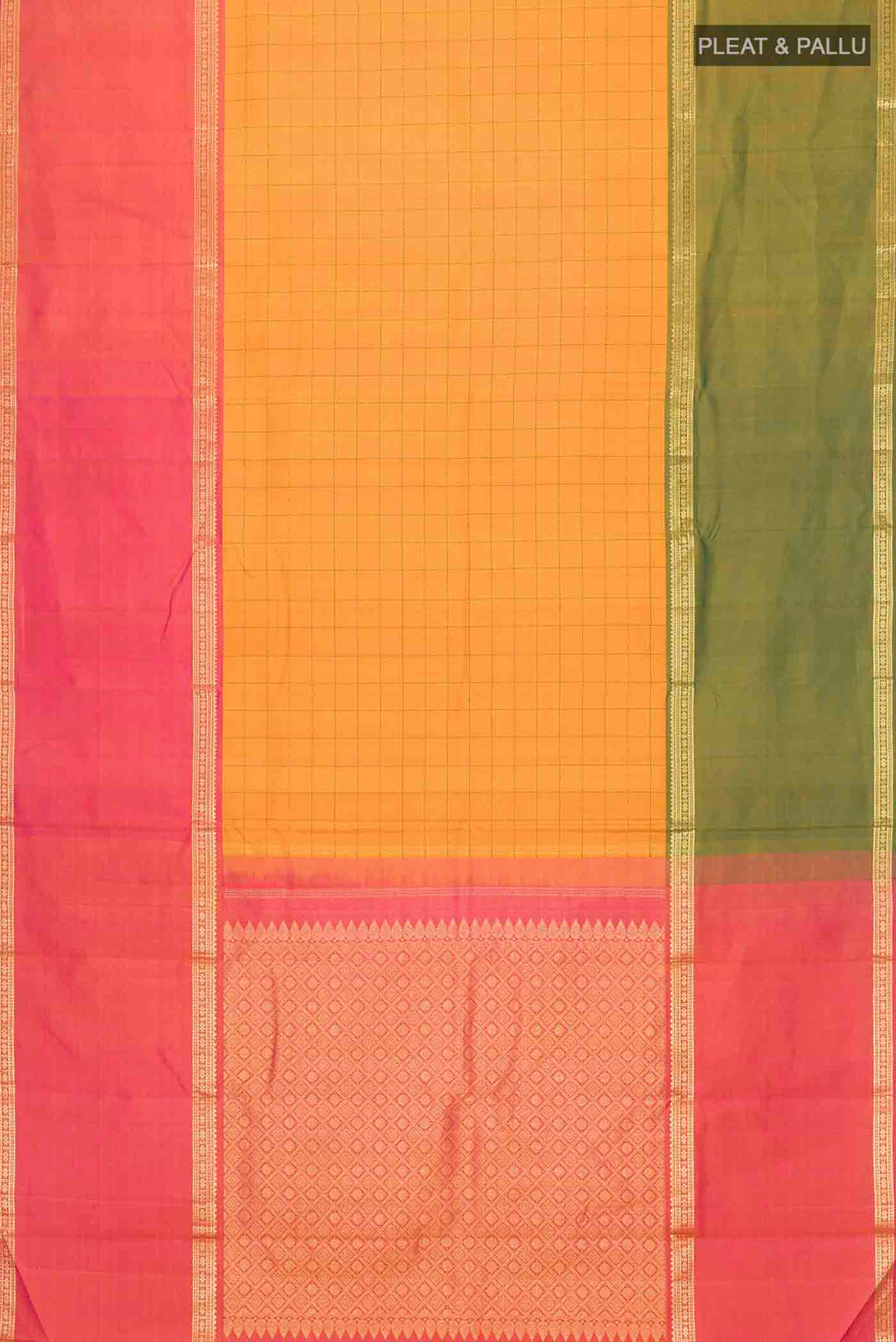 Flat view of Mustard Kanchipuram Silk Saree with Checked design on the body and Ganga Jamuna Border