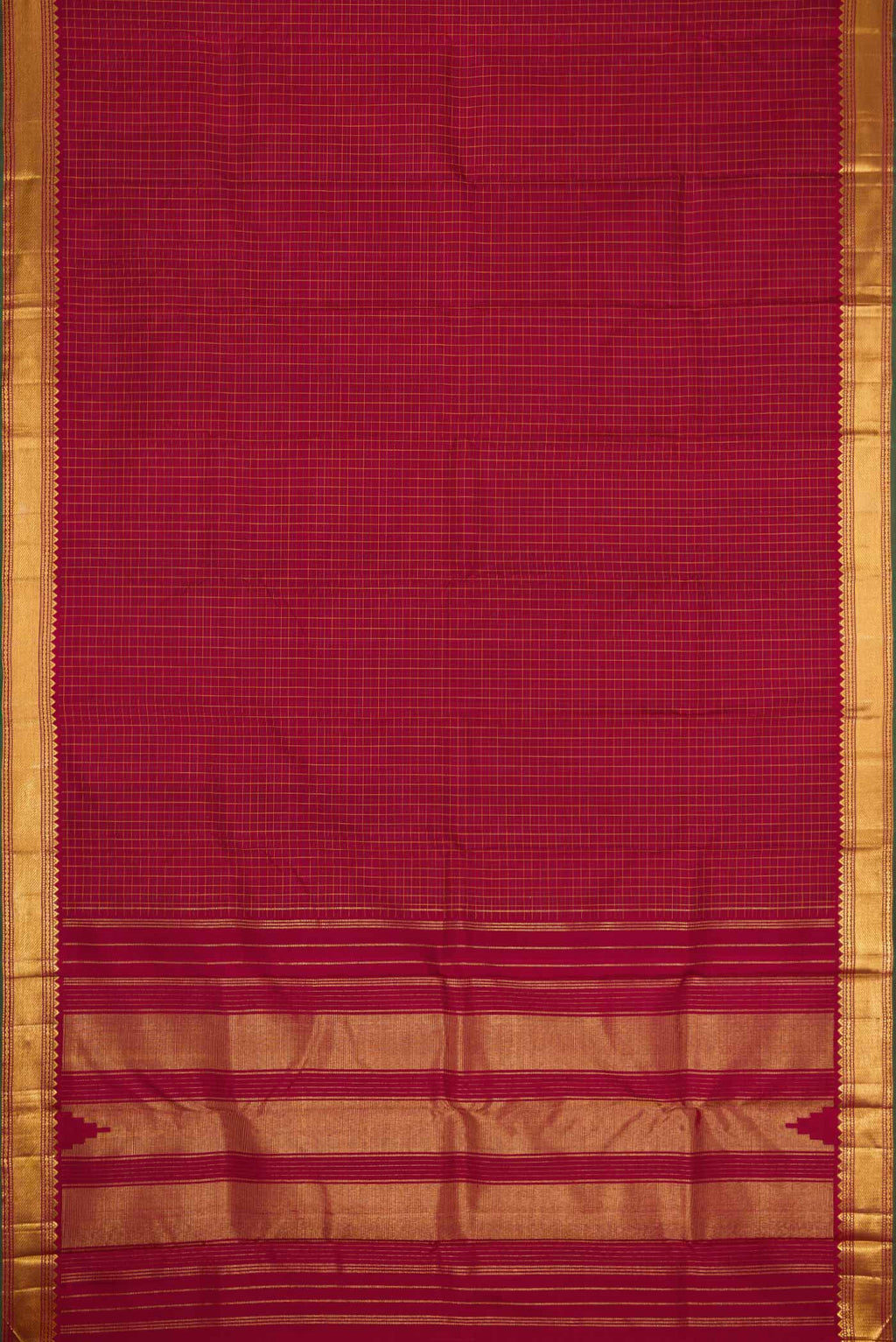 Flat view of Maroon Dual Tone Kanchipuram Silk Saree with Checked design on the body and Zari Border. 