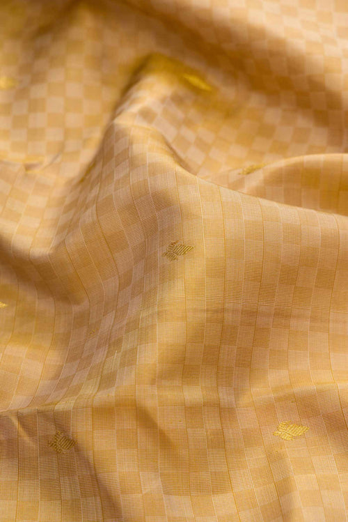 Close up of Beige Dual Tone Kanchipuram Silk Saree with Zari Butta on the body and Zari Border displaying folds