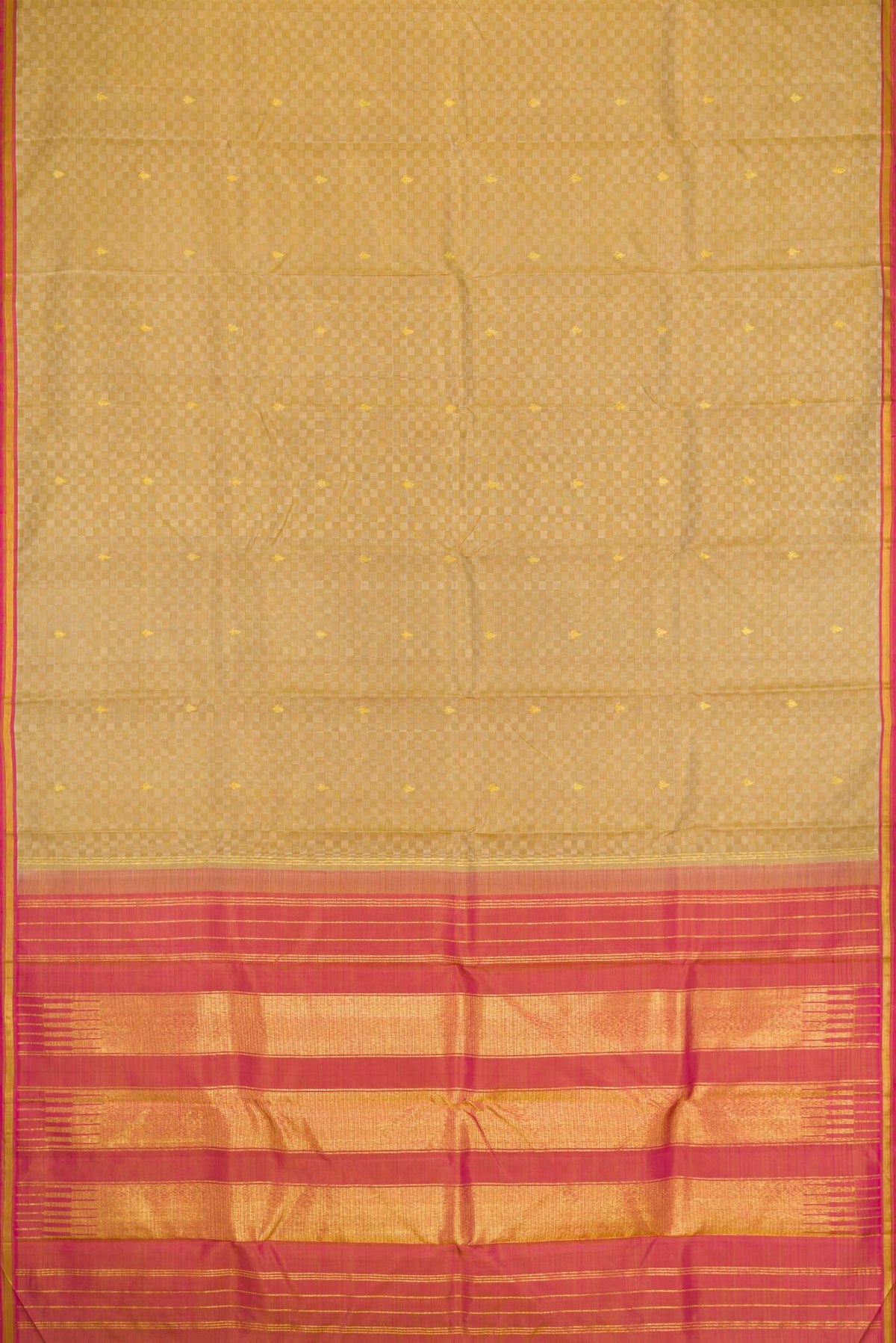 Flat view of Beige Dual Tone Kanchipuram Silk Saree with Zari Butta on the body and Zari Border