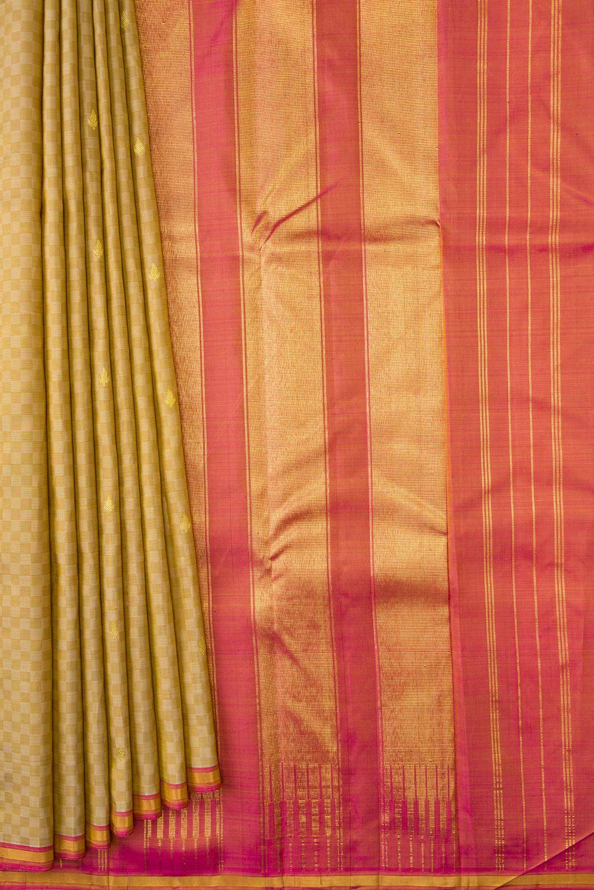 Pleats and pallu of Beige Dual Tone Kanchipuram Silk Saree with Zari Butta on the body and Zari Border