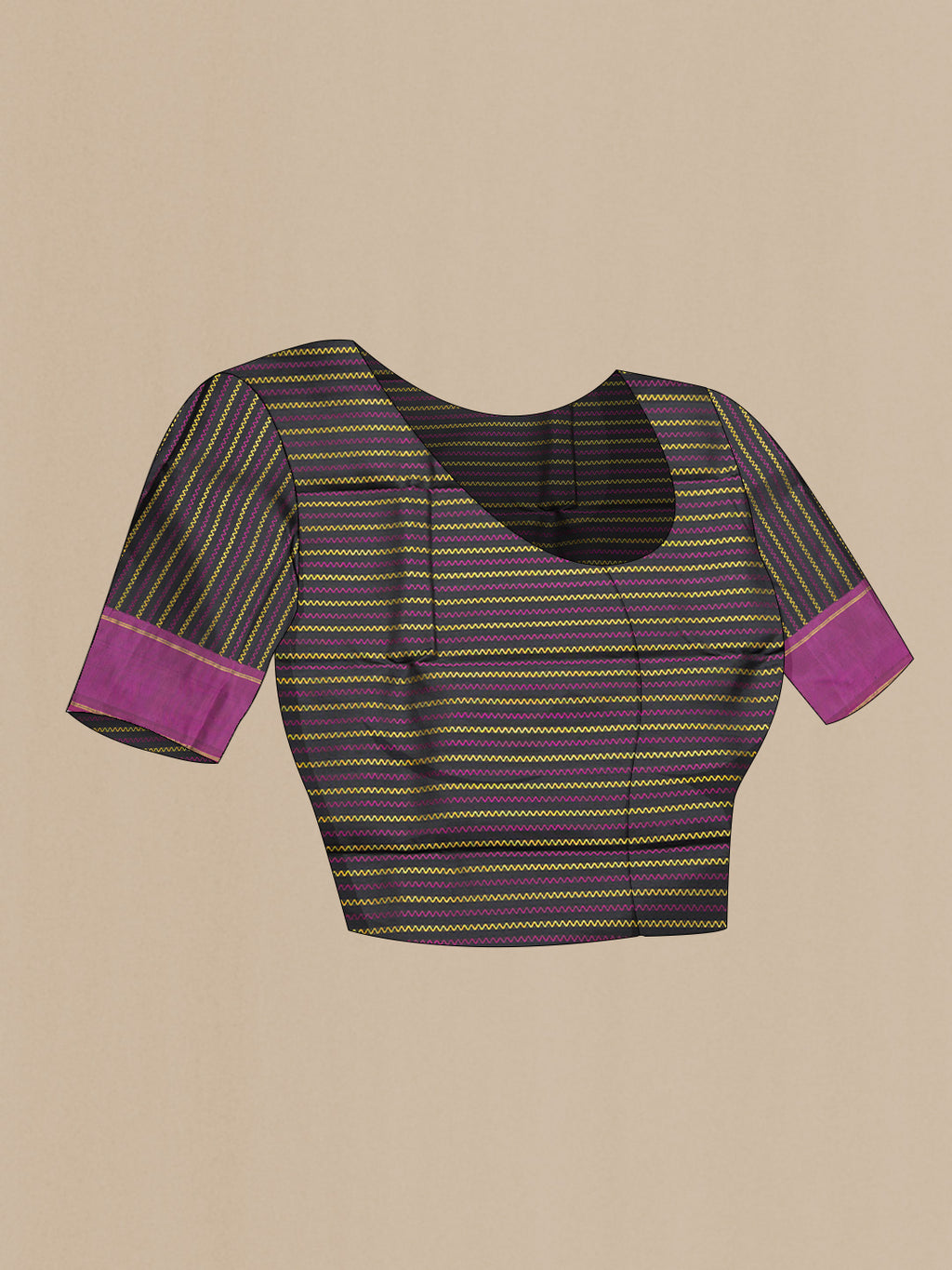 Close up image of the blouse of Black Dual Tone Kanchipuram Silk Saree with Stripes on the body and Ganga Jamuna Border. 