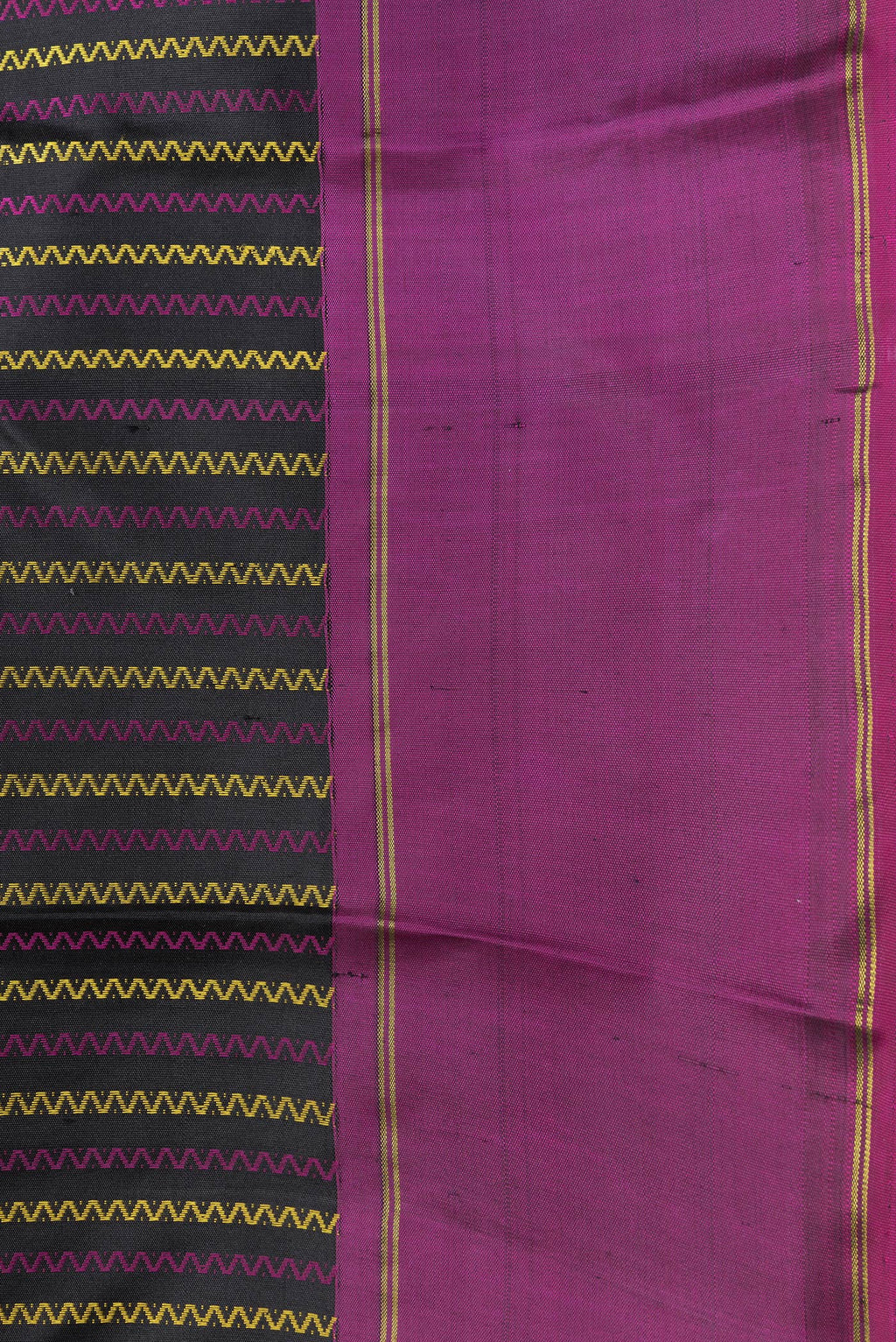 Border image of Black Dual Tone Kanchipuram Silk Saree with Stripes on the body and Ganga Jamuna Border. 