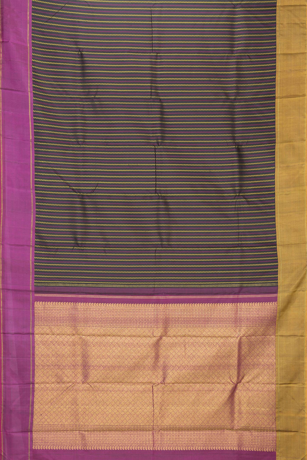 Flat view of Black Dual Tone Kanchipuram Silk Saree with Stripes on the body and Ganga Jamuna Border. 