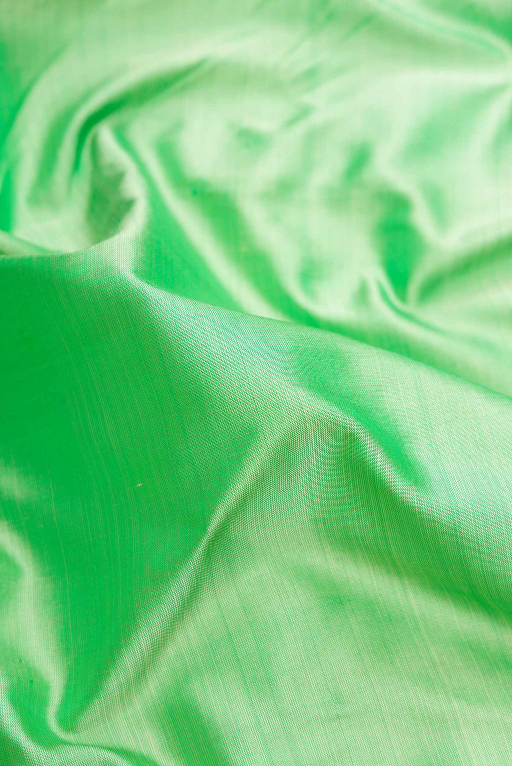 Close up of Pista Green Dual Tone Kanjivaram Silk Saree with Plain Body and Zari Border.  displaying folds