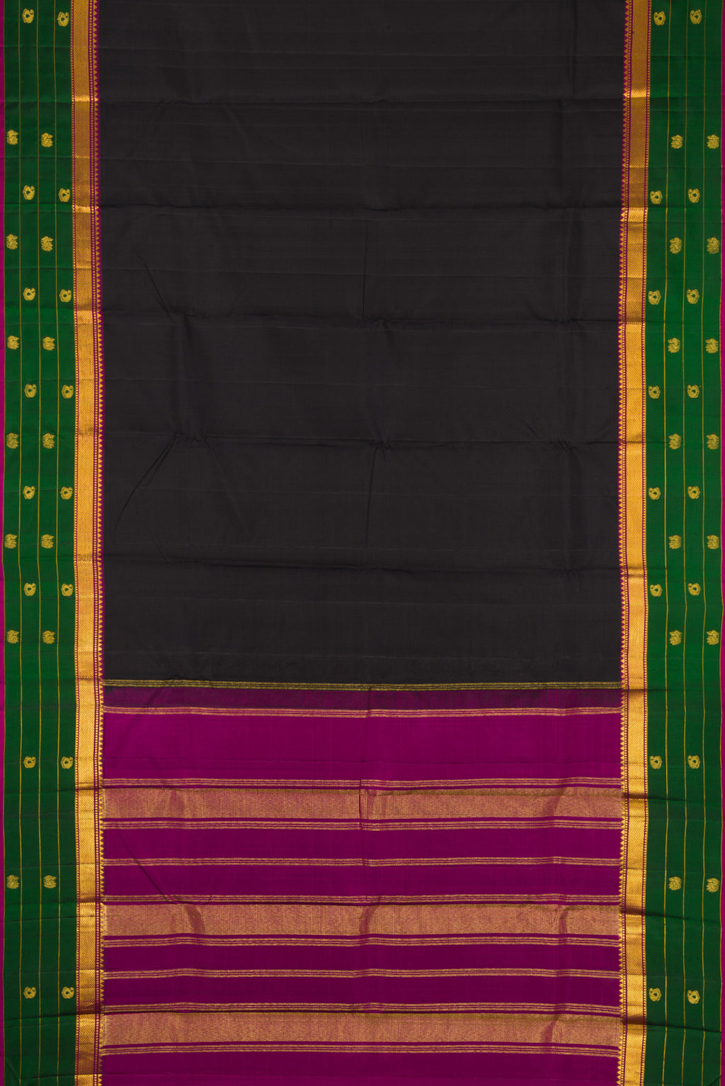 Flat view of Black Dual Tone Kanchipuram Silk Saree with Plain Body and Fancy Border. 