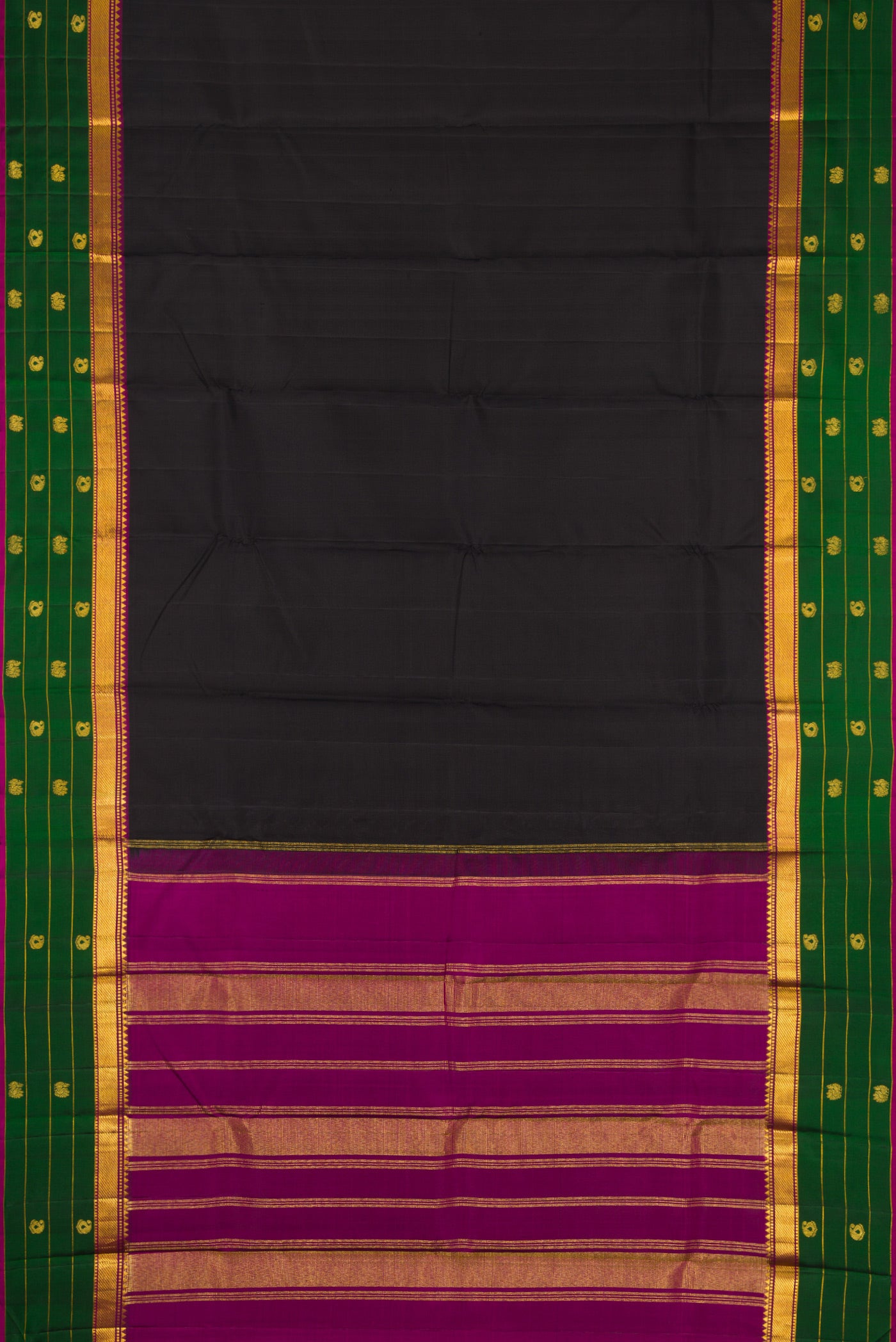 Flat view of Black Dual Tone Kanchipuram Silk Saree with Plain Body and Fancy Border. 