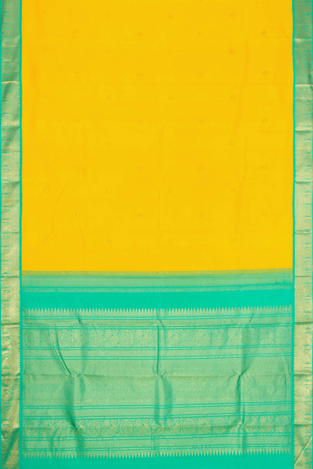 Flat view of Yellow Dual Tone Kanjivaram Silk Saree with Zari Butta on the body and Zari Border. 
